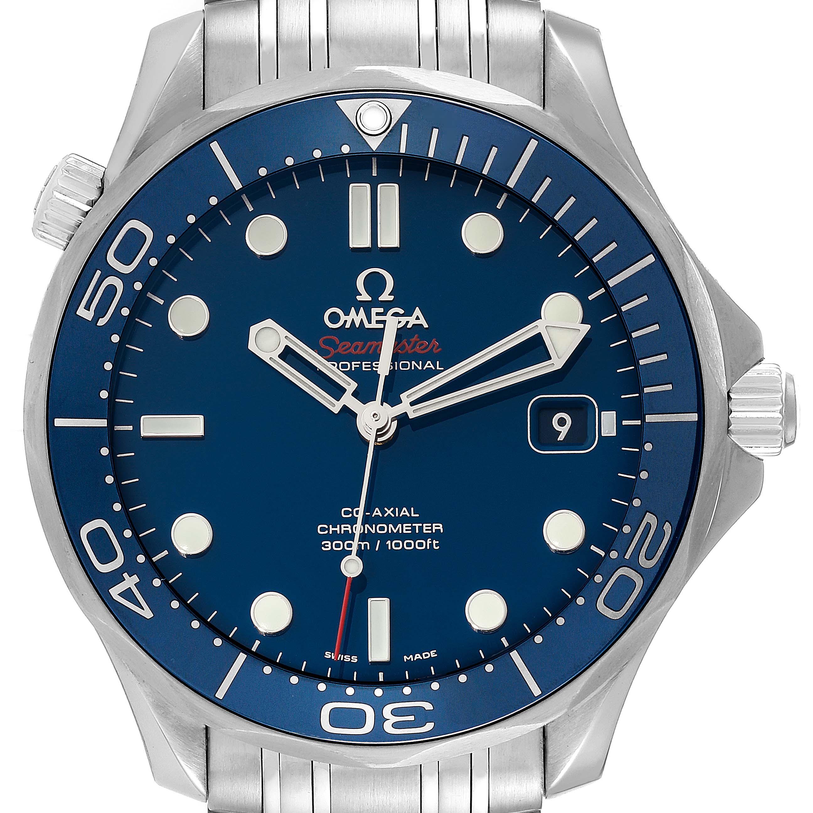 This image shows a front view of the Omega Seamaster 212.30.41.20.03.001 Men
s Stainless Steel Blue Dial 212.30.41.20.03.001 Men
s Stainless Steel Blue Dial watch, highlighting the dial, bezel, crown, and part of the bracelet.