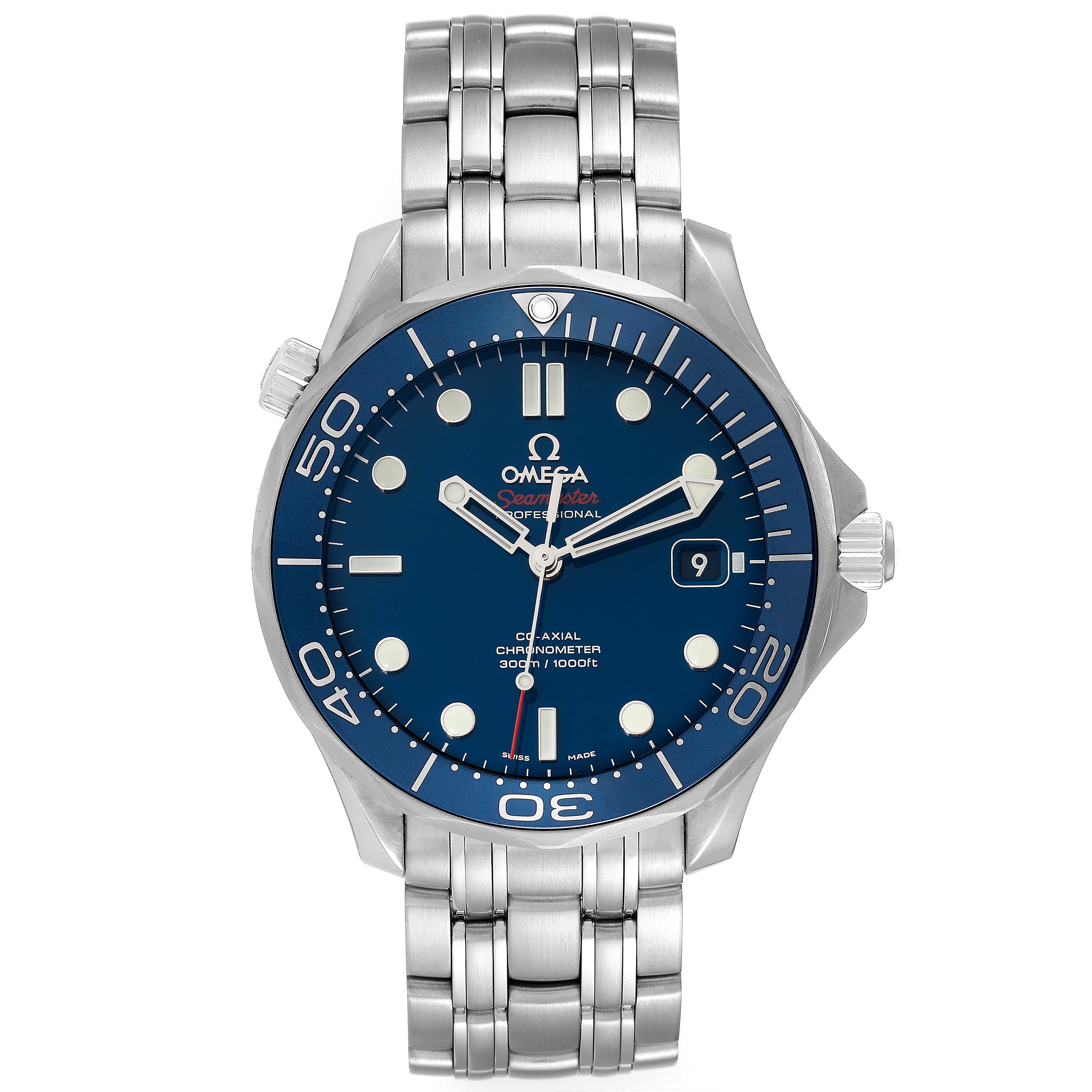 The Omega Seamaster 212.30.41.20.03.001 Men
s Stainless Steel Blue Dial 212.30.41.20.03.001 Men
s Stainless Steel Blue Dial watch is shown from a front angle, displaying its blue dial, bezel, hands, markers, band, and crown.