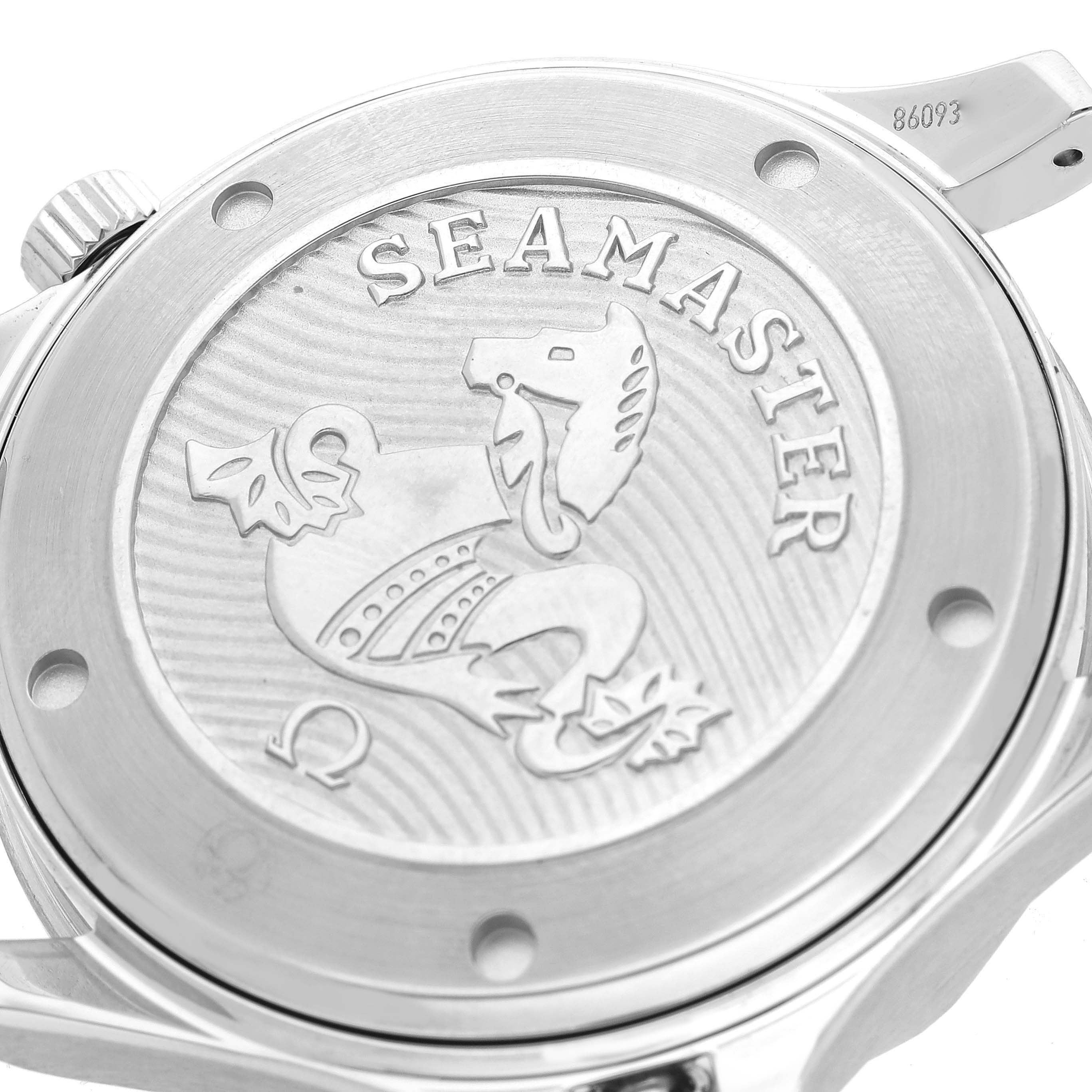 The image shows the case back of the Omega Seamaster 212.30.41.20.03.001 Men
s Stainless Steel Blue Dial 212.30.41.20.03.001 Men
s Stainless Steel Blue Dial watch, featuring the brand
s logo and emblem.