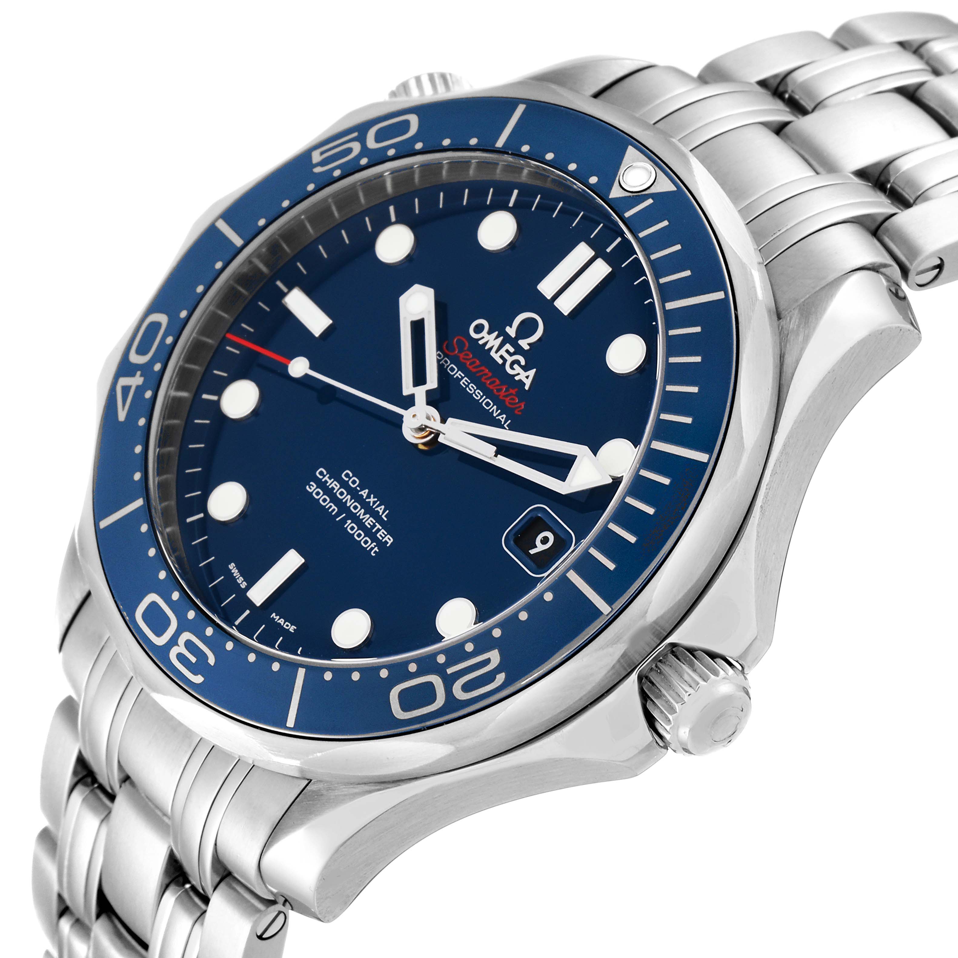 The Omega Seamaster 212.30.41.20.03.001 Men
s Stainless Steel Blue Dial 212.30.41.20.03.001 Men
s Stainless Steel Blue Dial watch is shown at a slight angle, featuring its face, bezel, band, and crown.