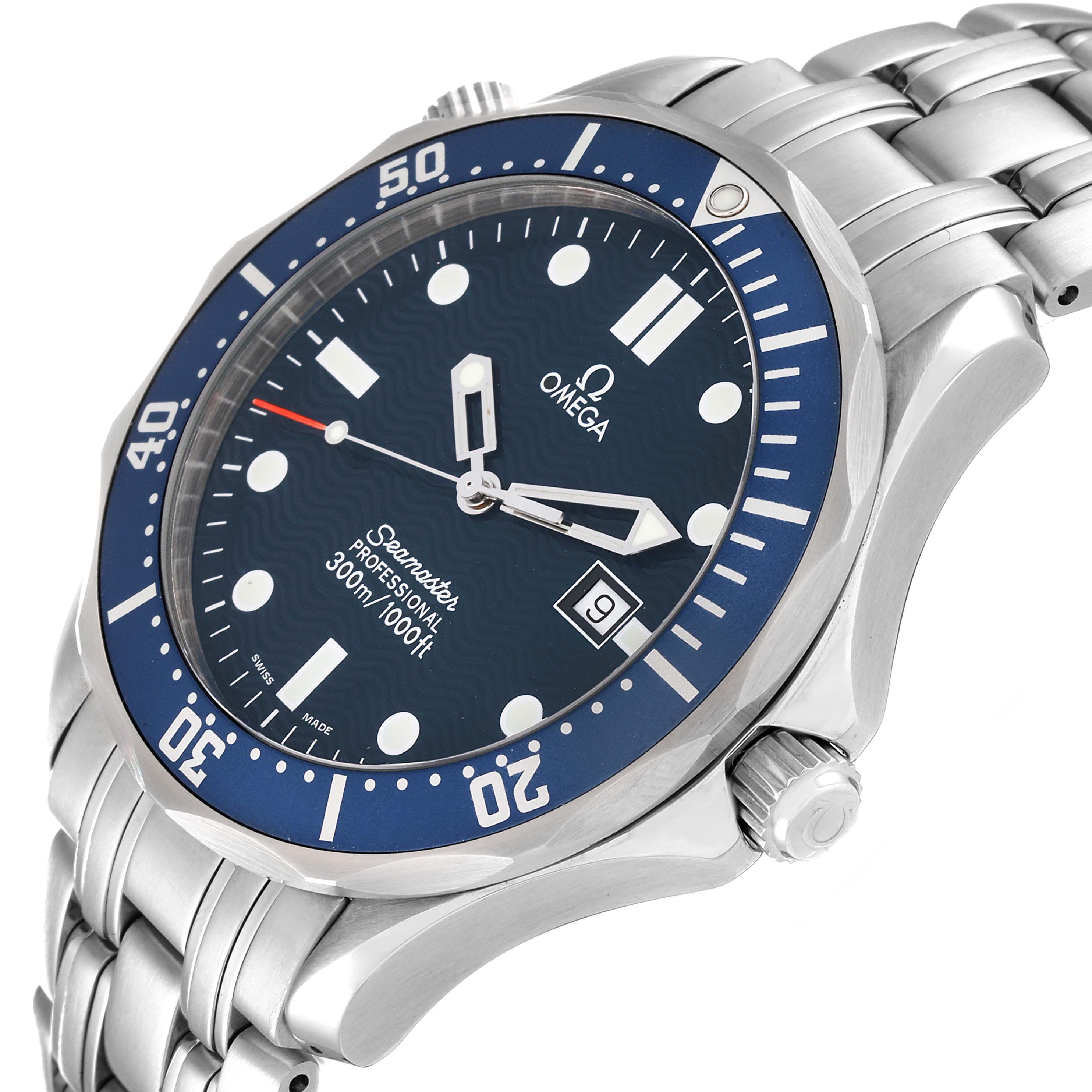The Omega Seamaster 2541.80.00 Men
s Stainless Steel Blue Dial 2541.80.00 Men
s Stainless Steel Blue Dial watch is shown from an angled side view highlighting the face, bezel, and part of the bracelet.