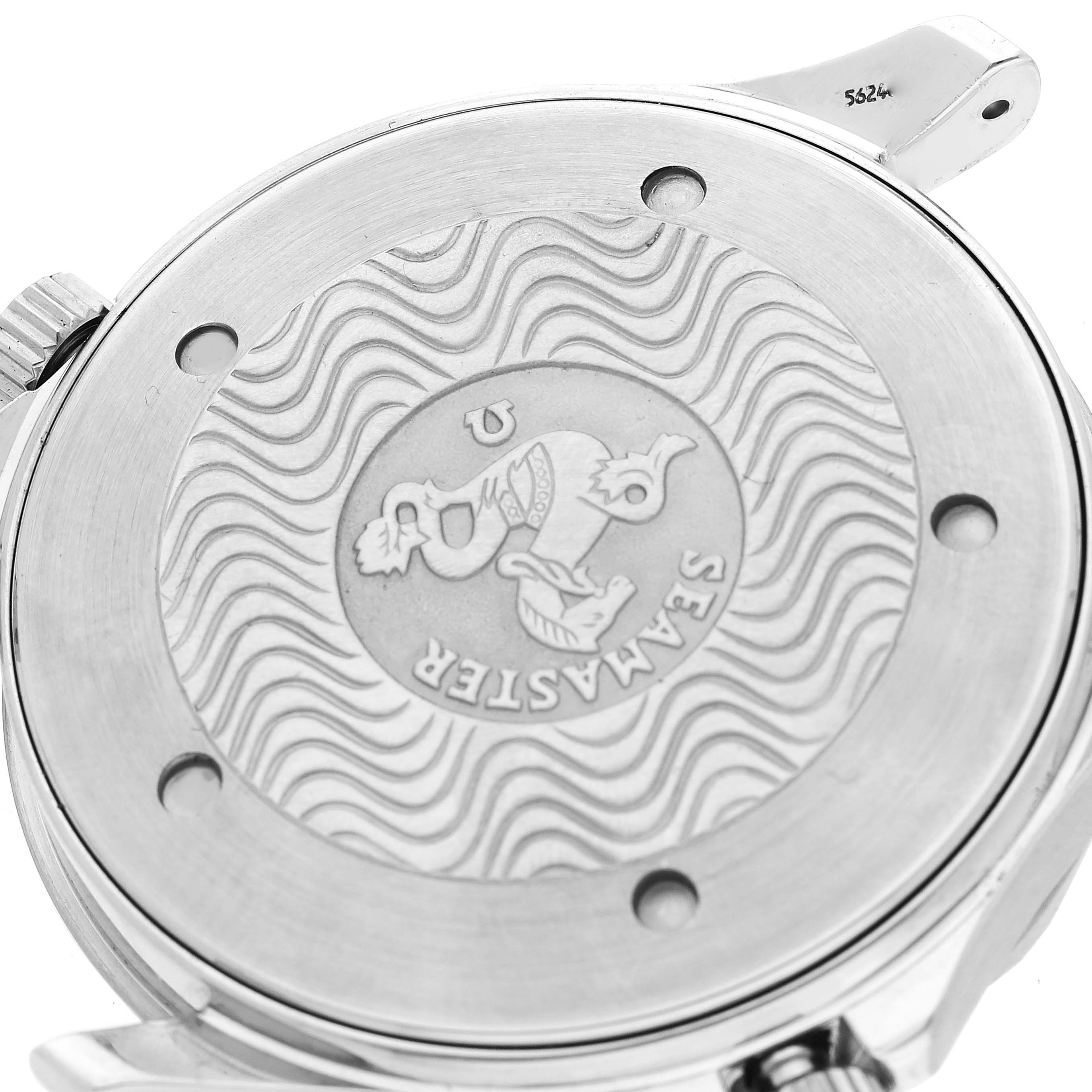 The image shows the engraved case back of the Omega Seamaster 2541.80.00 Men
s Stainless Steel Blue Dial 2541.80.00 Men
s Stainless Steel Blue Dial watch model from an oblique angle.