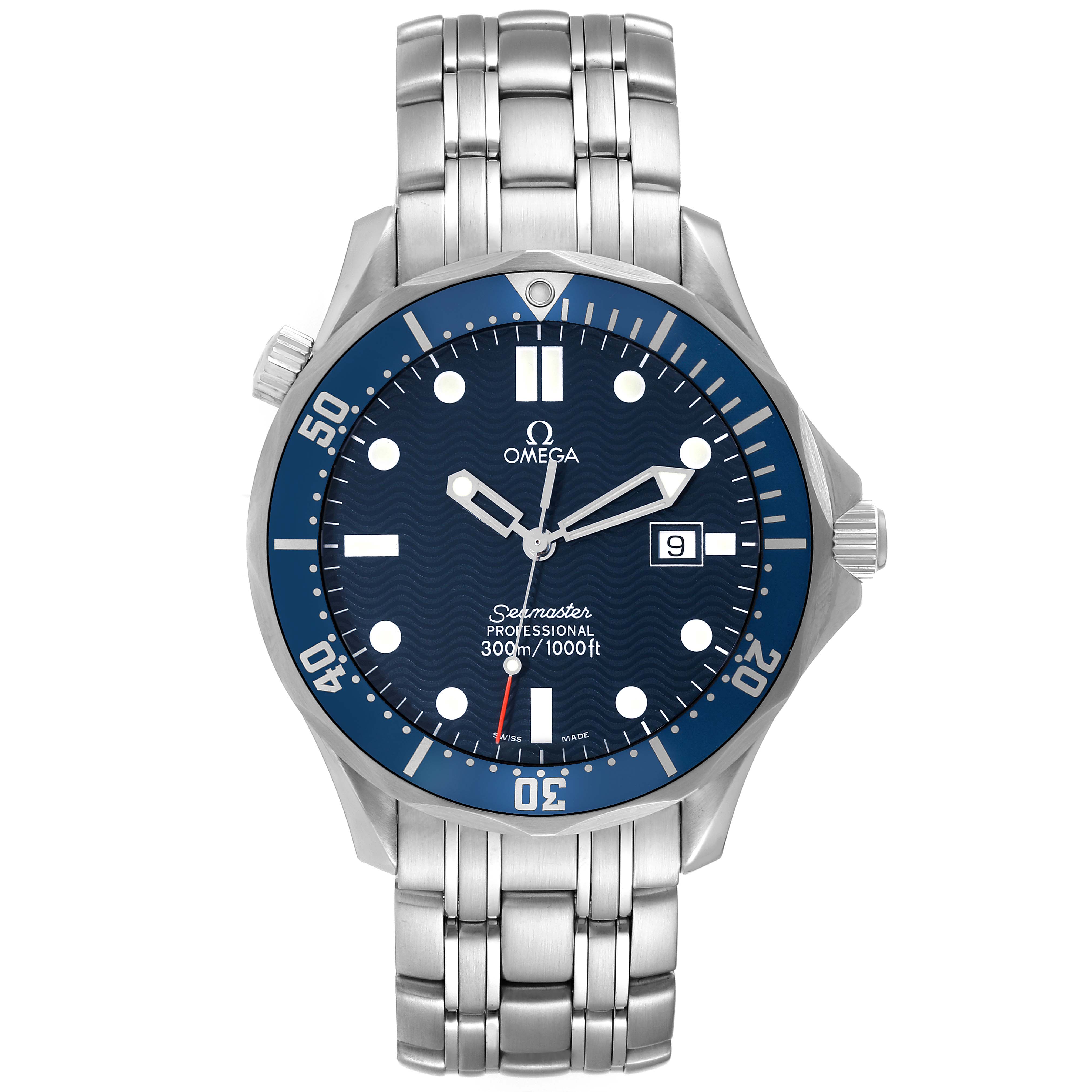 The image shows a front view of the Omega Seamaster 2541.80.00 Men
s Stainless Steel Blue Dial 2541.80.00 Men
s Stainless Steel Blue Dial watch, highlighting its face, bezel, and bracelet.