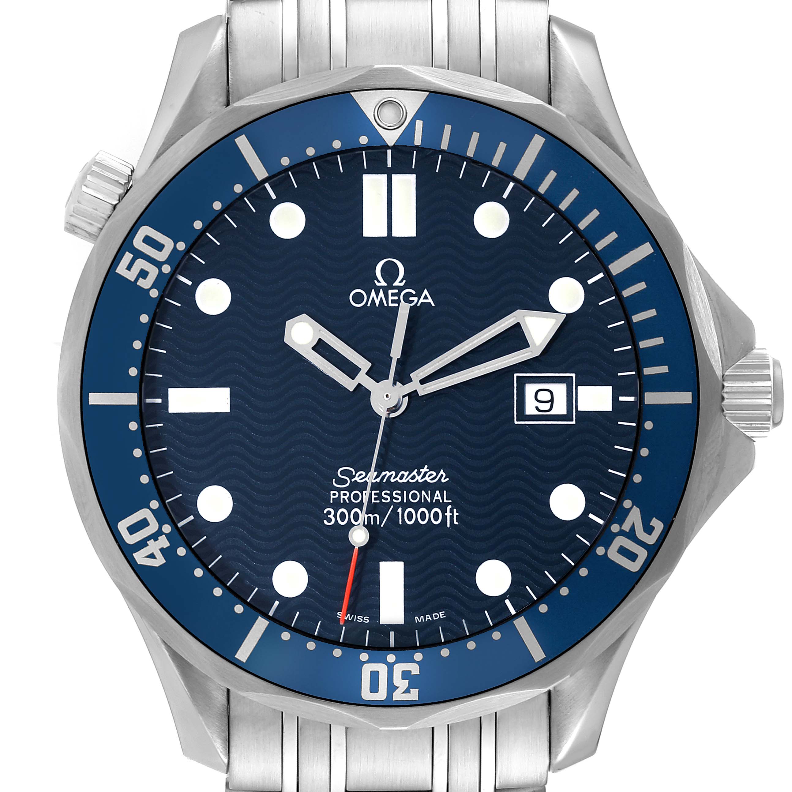The image shows a front view of the Omega Seamaster 2541.80.00 Men
s Stainless Steel Blue Dial 2541.80.00 Men
s Stainless Steel Blue Dial watch, highlighting the dial, hands, bezel, and a portion of the bracelet.