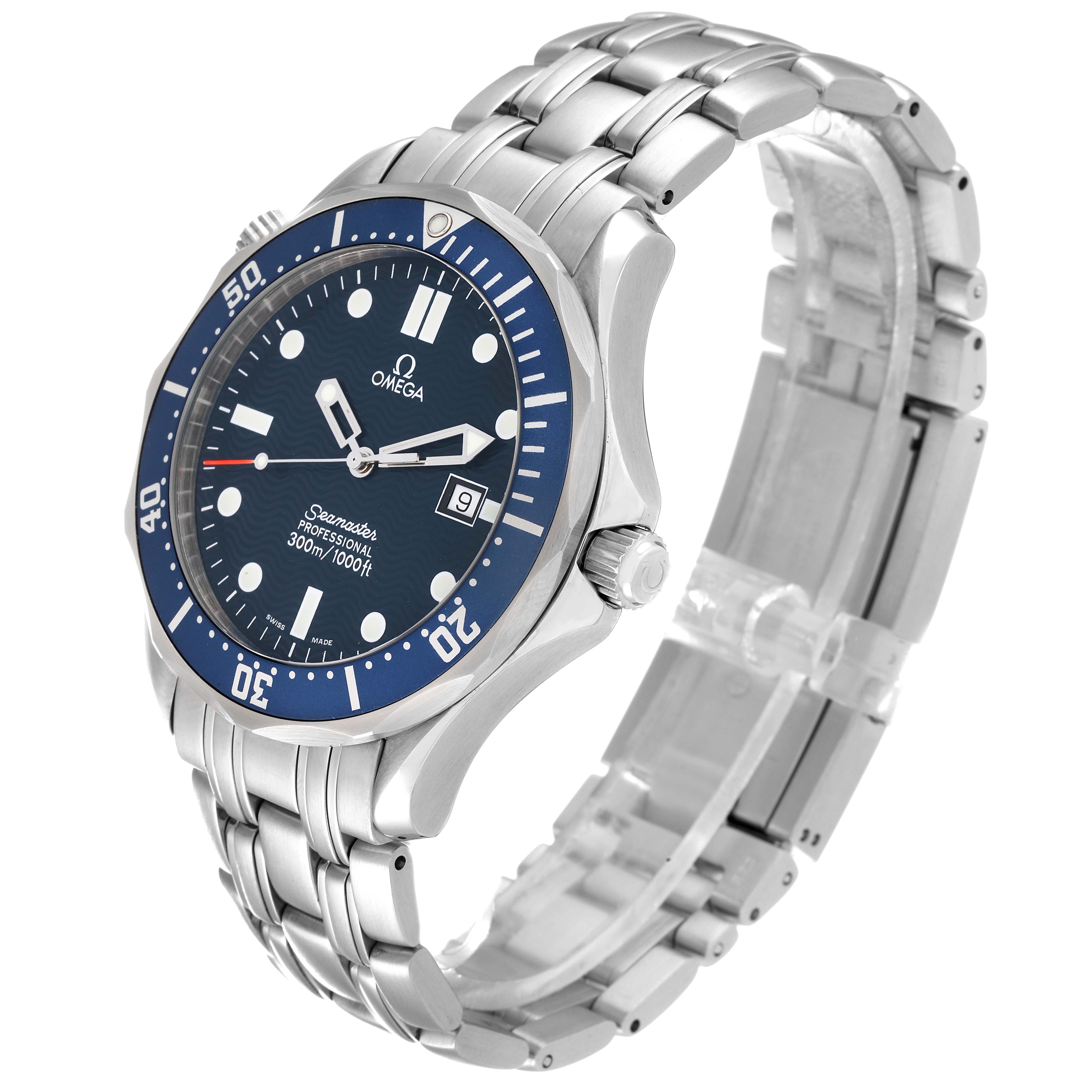 The image shows a side and front angle of the Omega Seamaster 2541.80.00 Men
s Stainless Steel Blue Dial 2541.80.00 Men
s Stainless Steel Blue Dial watch, featuring its face, bezel, crown, and metal bracelet.