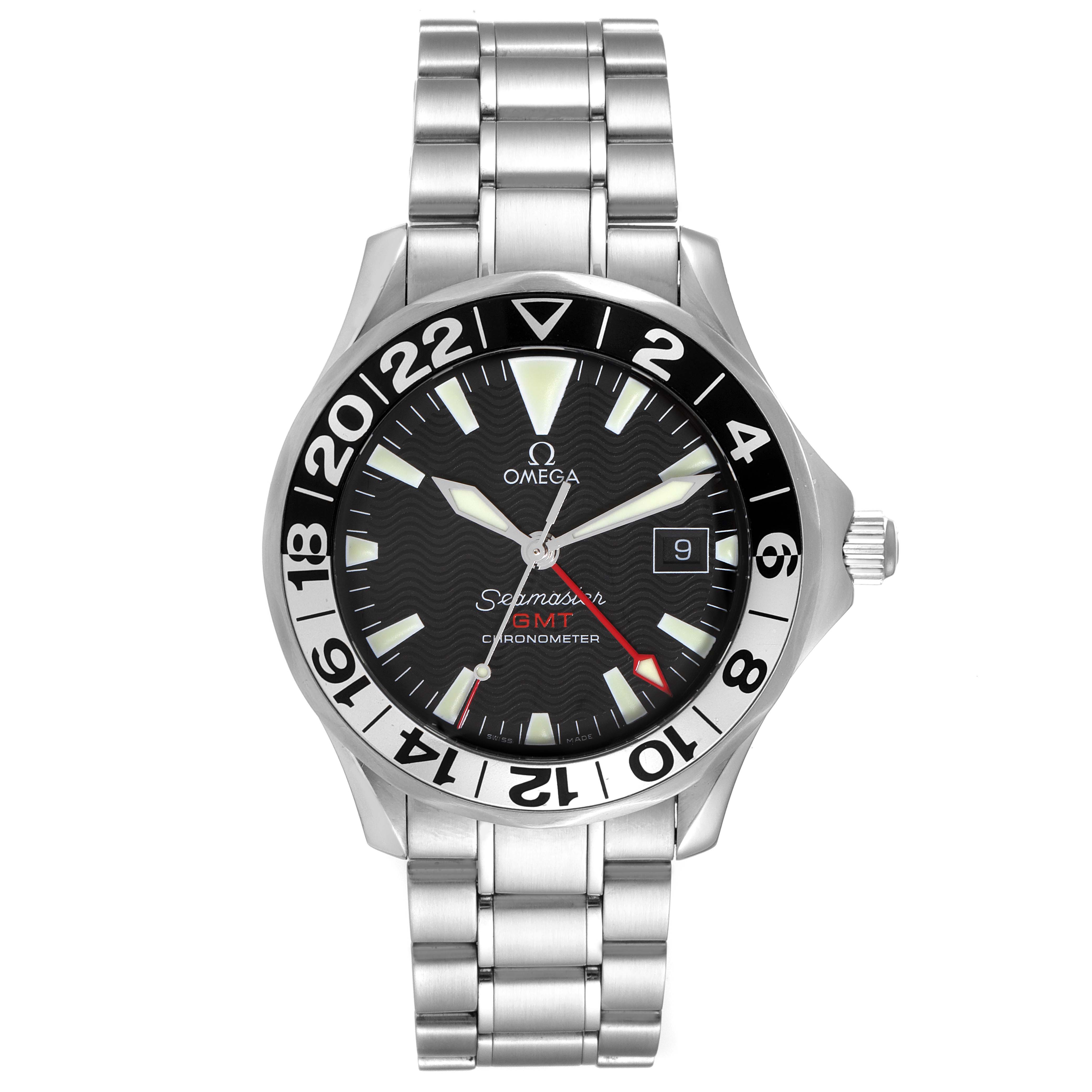The image shows a frontal view of the Omega Seamaster 2234.50.00 Men's Stainless Steel Black Dial 2234.50.00 Men's Stainless Steel Black Dial watch, highlighting the dial, bezel, hands, bracelet, and date window.