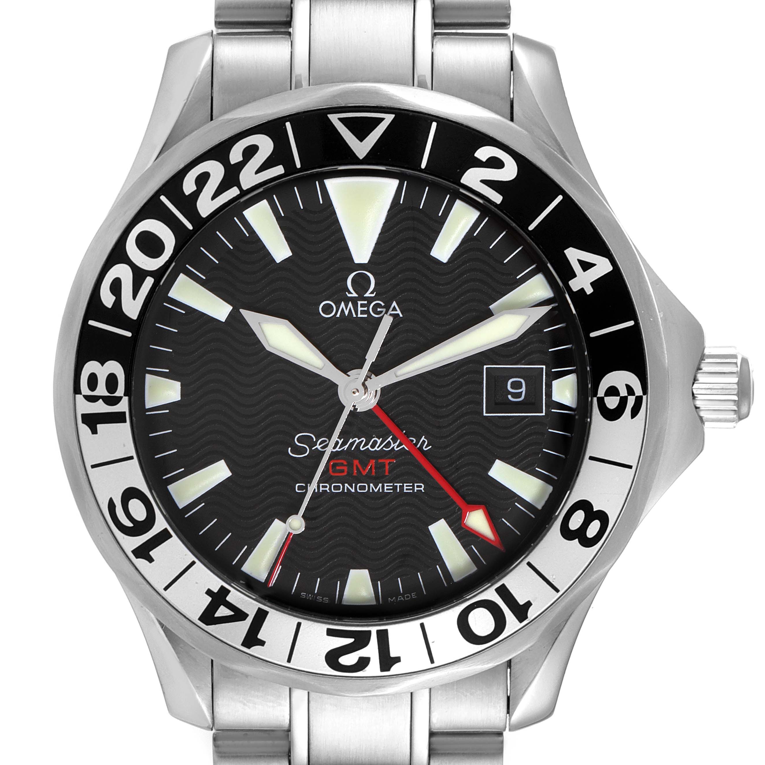 This image shows a front view of an Omega Seamaster 2234.50.00 Men's Stainless Steel Black Dial 2234.50.00 Men's Stainless Steel Black Dial GMT watch, highlighting its bezel, face, hands, and crown.