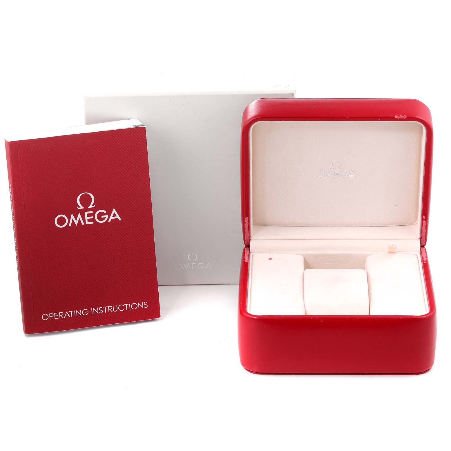 Displayed are the Omega Seamaster 2234.50.00 Men's Stainless Steel Black Dial 2234.50.00 Men's Stainless Steel Black Dial's red watch box, white outer box, and operating instructions manual.