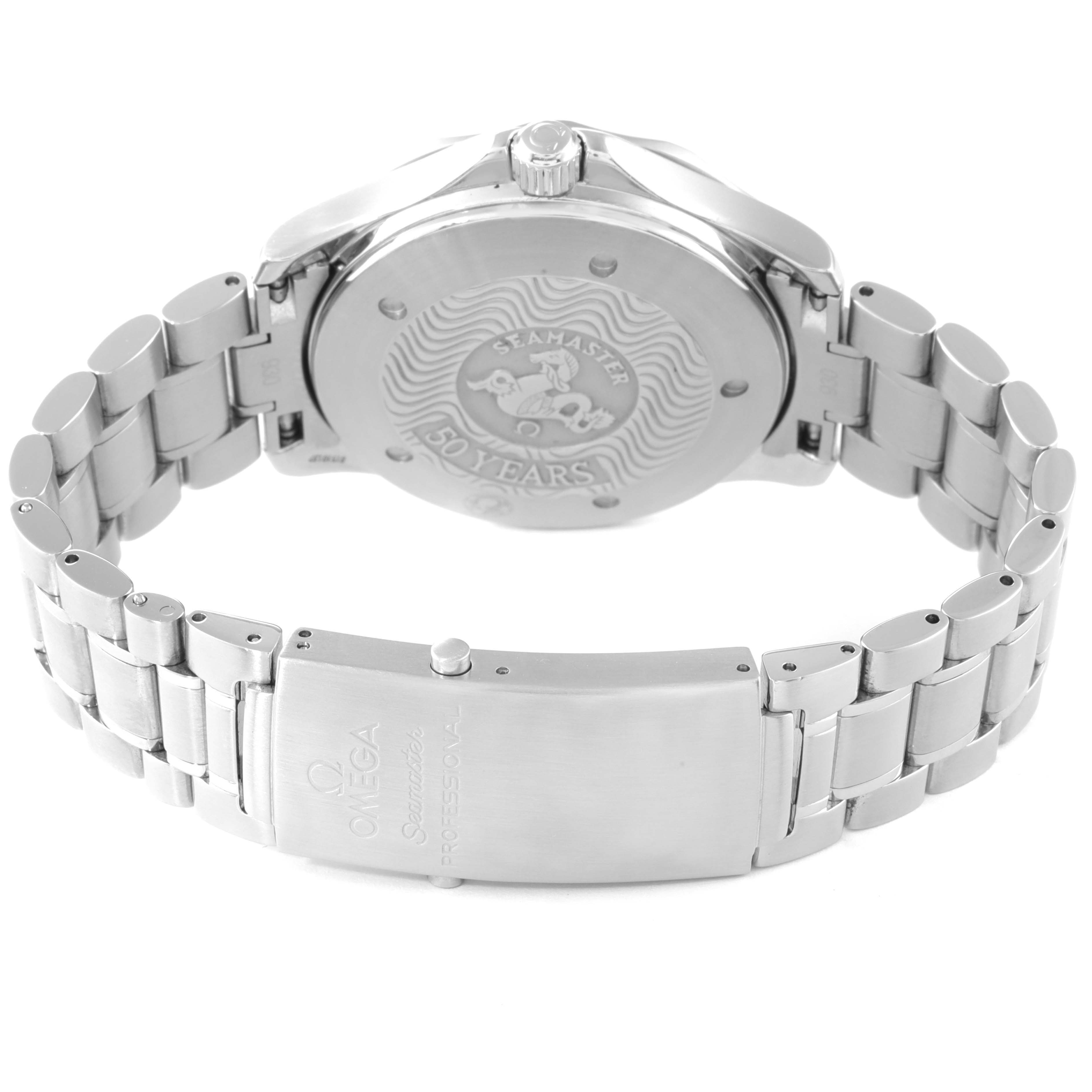 The image shows the back and bracelet of an Omega Seamaster 2234.50.00 Men's Stainless Steel Black Dial 2234.50.00 Men's Stainless Steel Black Dial watch, highlighting the case back and clasp.