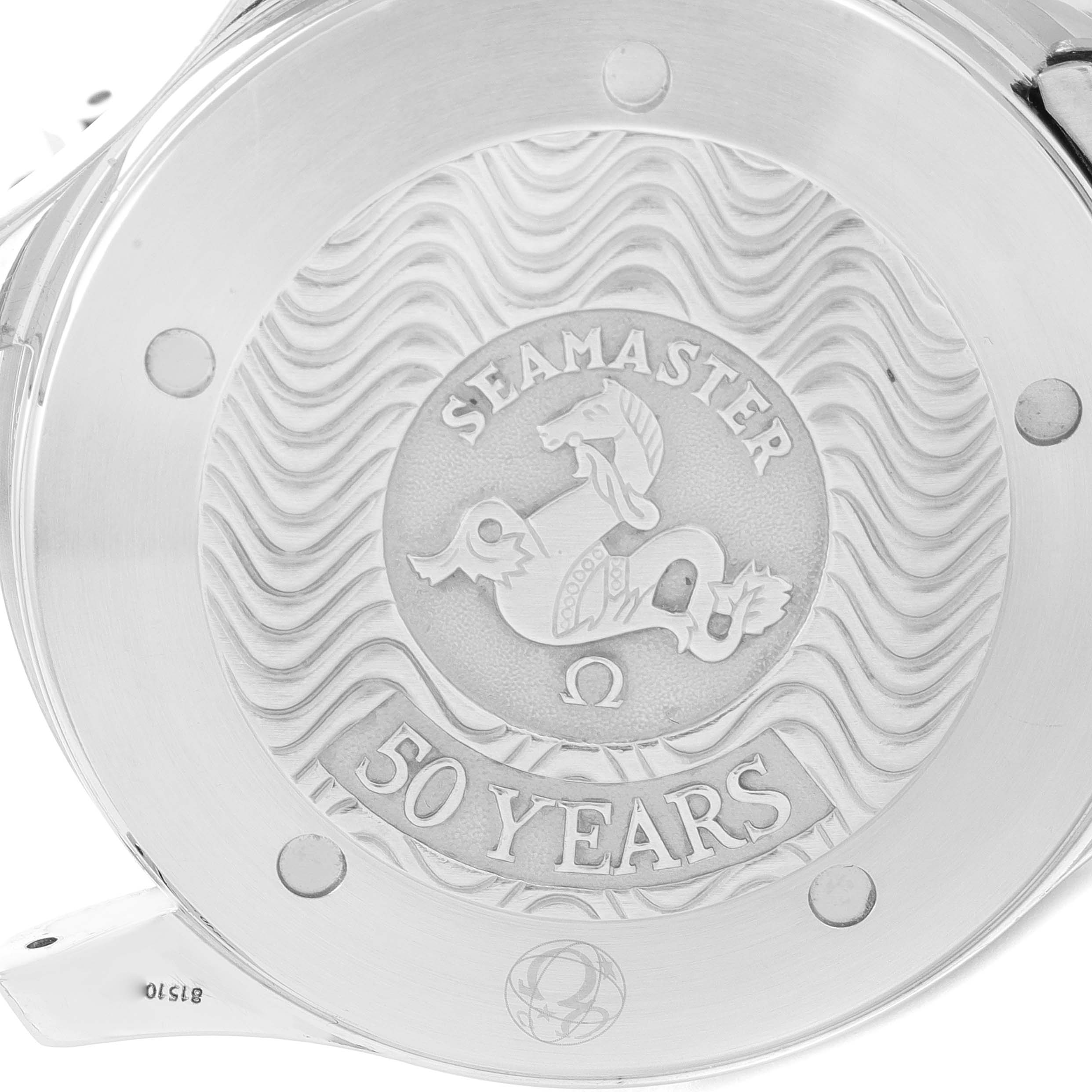 This image shows the engraved case back of an Omega Seamaster 2234.50.00 Men's Stainless Steel Black Dial 2234.50.00 Men's Stainless Steel Black Dial watch, commemorating "50 Years".