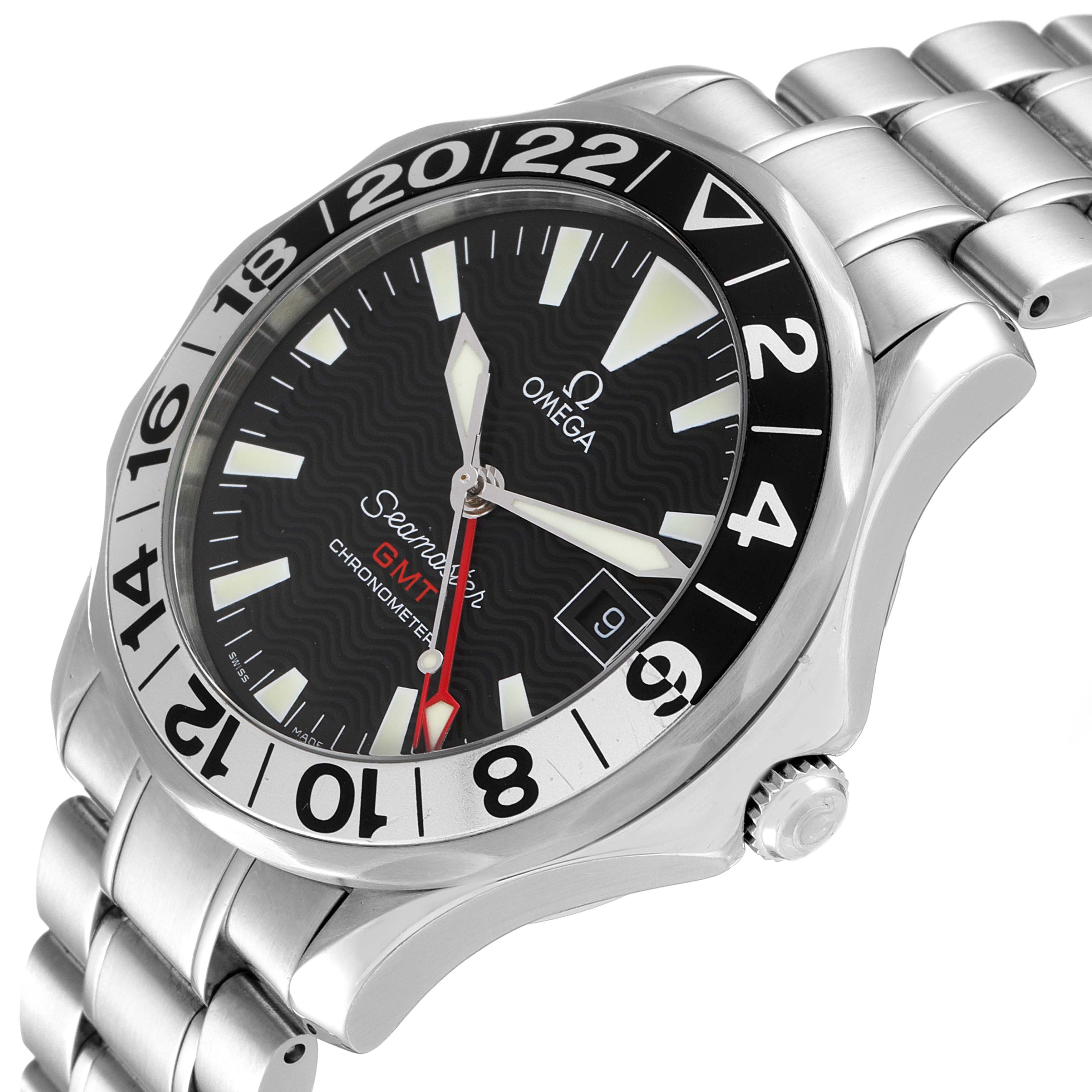 The image shows an angled view of the Omega Seamaster 2234.50.00 Men's Stainless Steel Black Dial 2234.50.00 Men's Stainless Steel Black Dial GMT watch, highlighting the face, bezel, crown, and part of the bracelet.