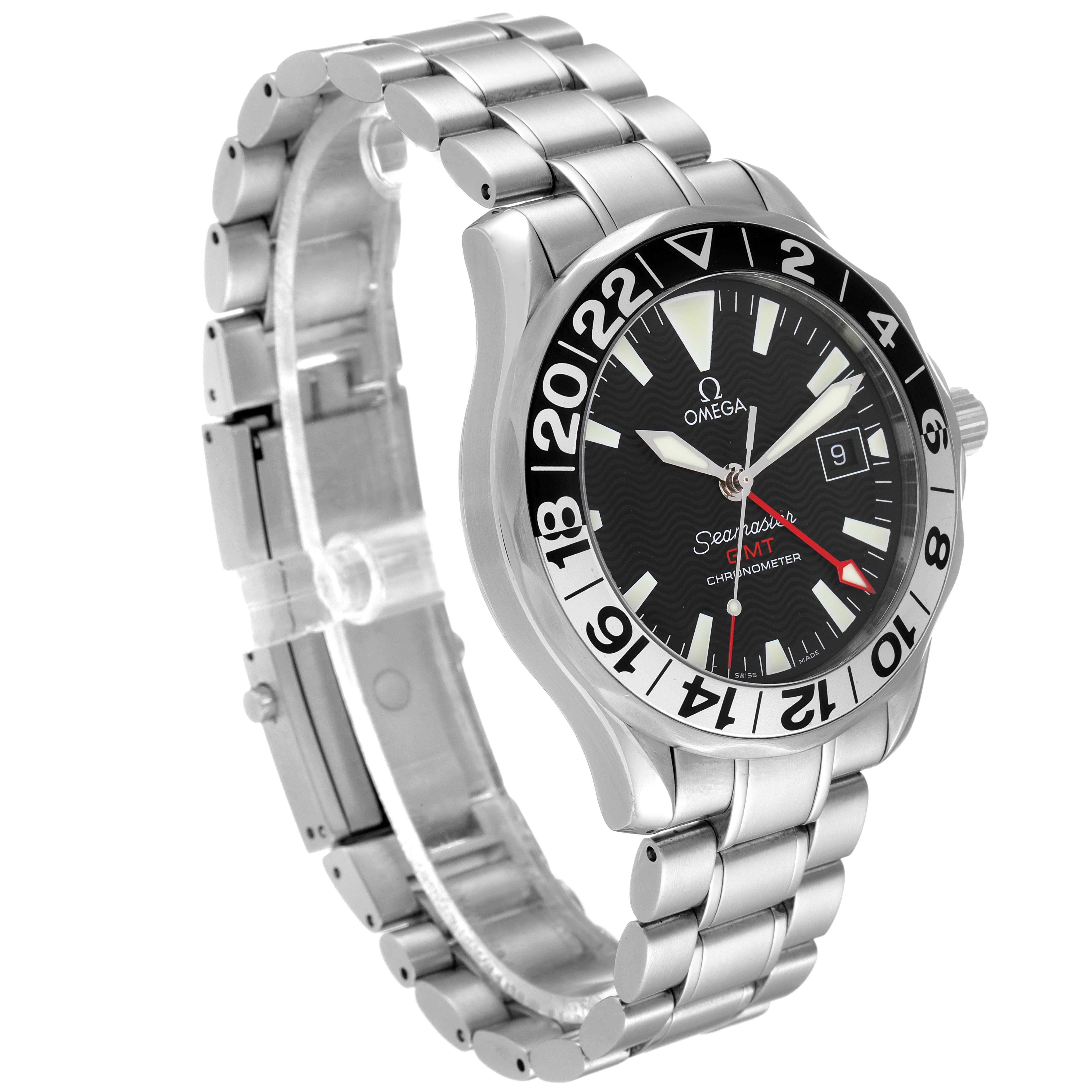 An Omega Seamaster 2234.50.00 Men's Stainless Steel Black Dial 2234.50.00 Men's Stainless Steel Black Dial watch is shown at a 3/4 angle, featuring the dial, bezel, and stainless steel bracelet.