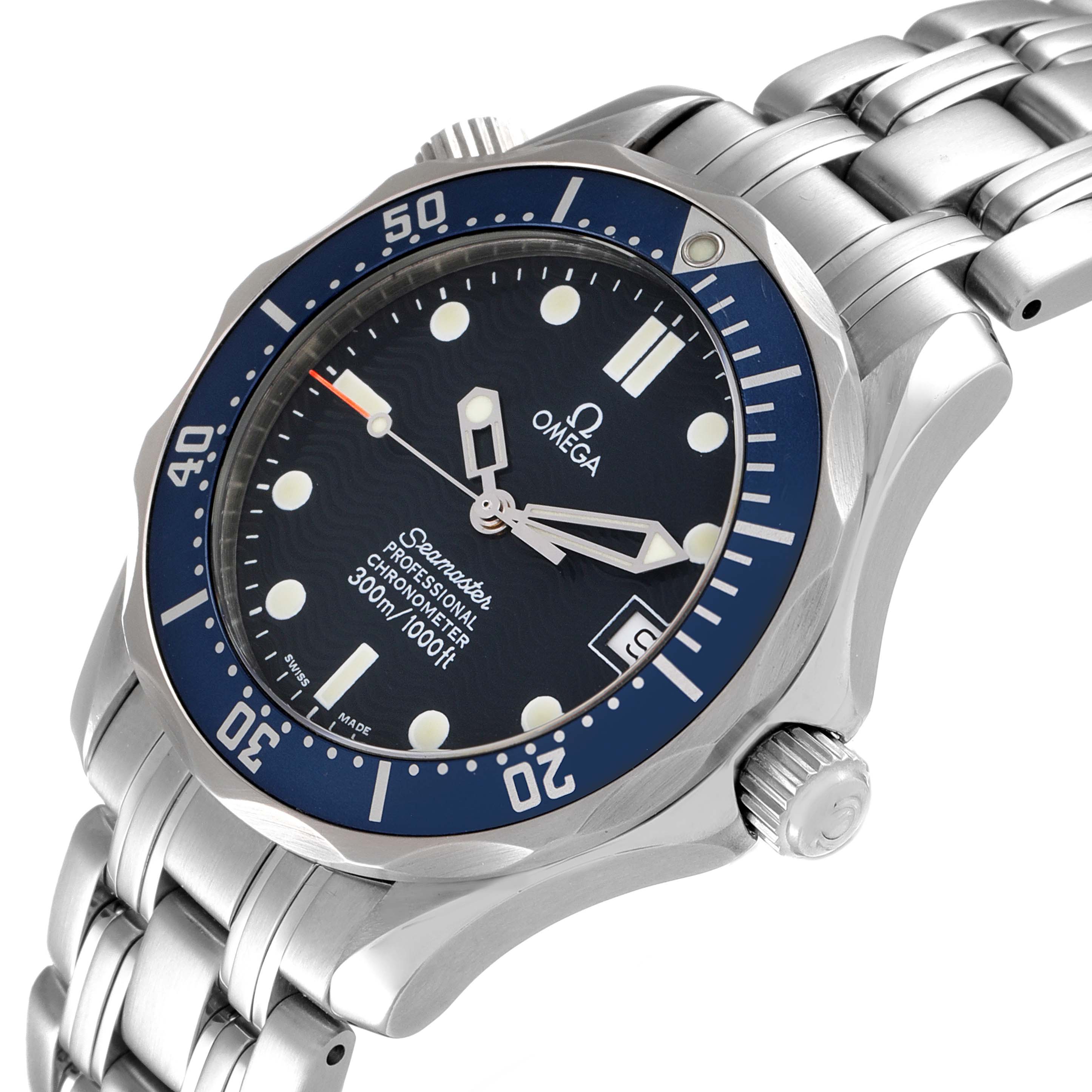 The image shows a close-up of an Omega Seamaster 2551.80.00 Men's Stainless Steel Blue Dial 2551.80.00 Men's Stainless Steel Blue Dial watch, highlighting its face, bezel, crown, and bracelet.