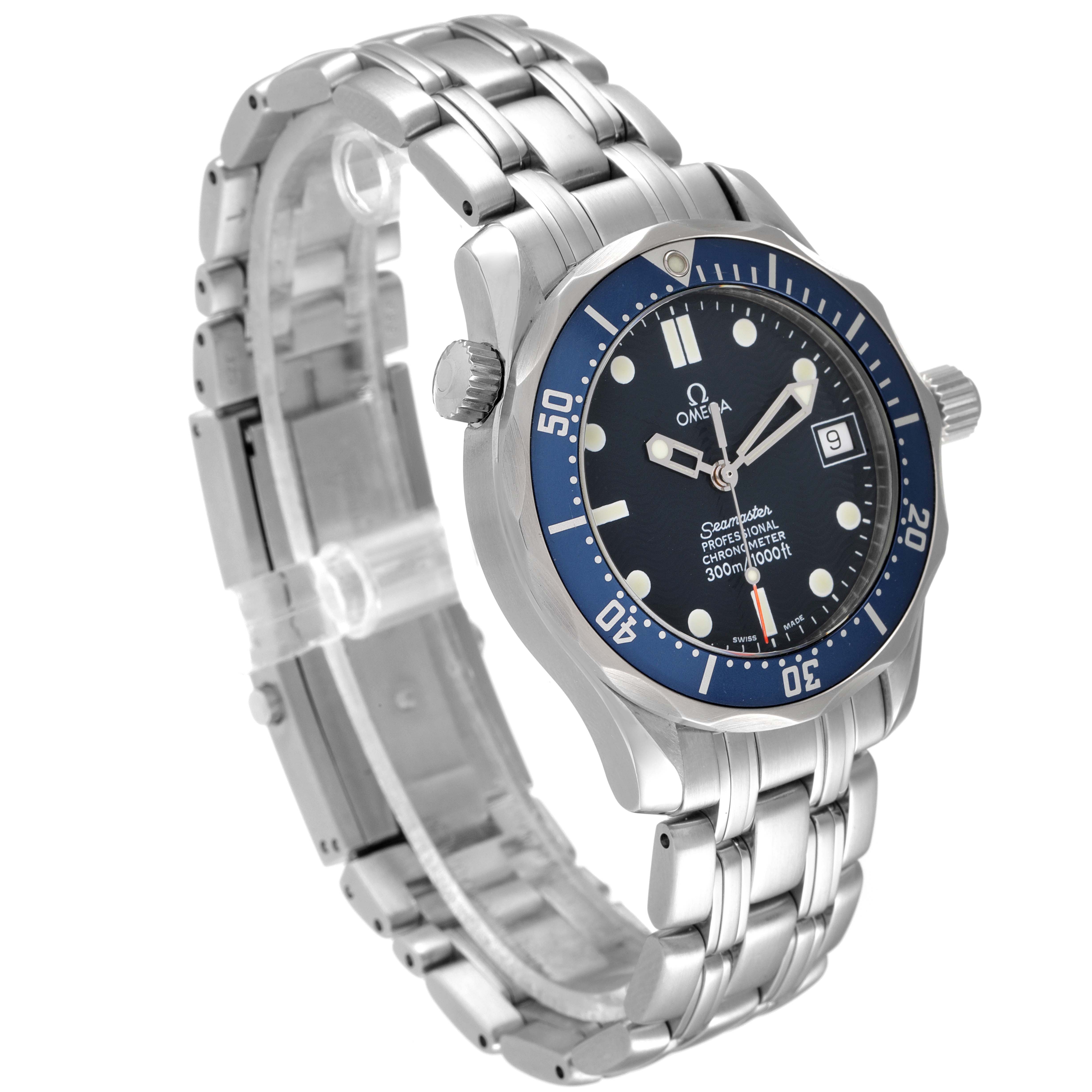 The image shows an angled view of the Omega Seamaster 2551.80.00 Men's Stainless Steel Blue Dial 2551.80.00 Men's Stainless Steel Blue Dial watch, highlighting its face, bezel, and metal bracelet.