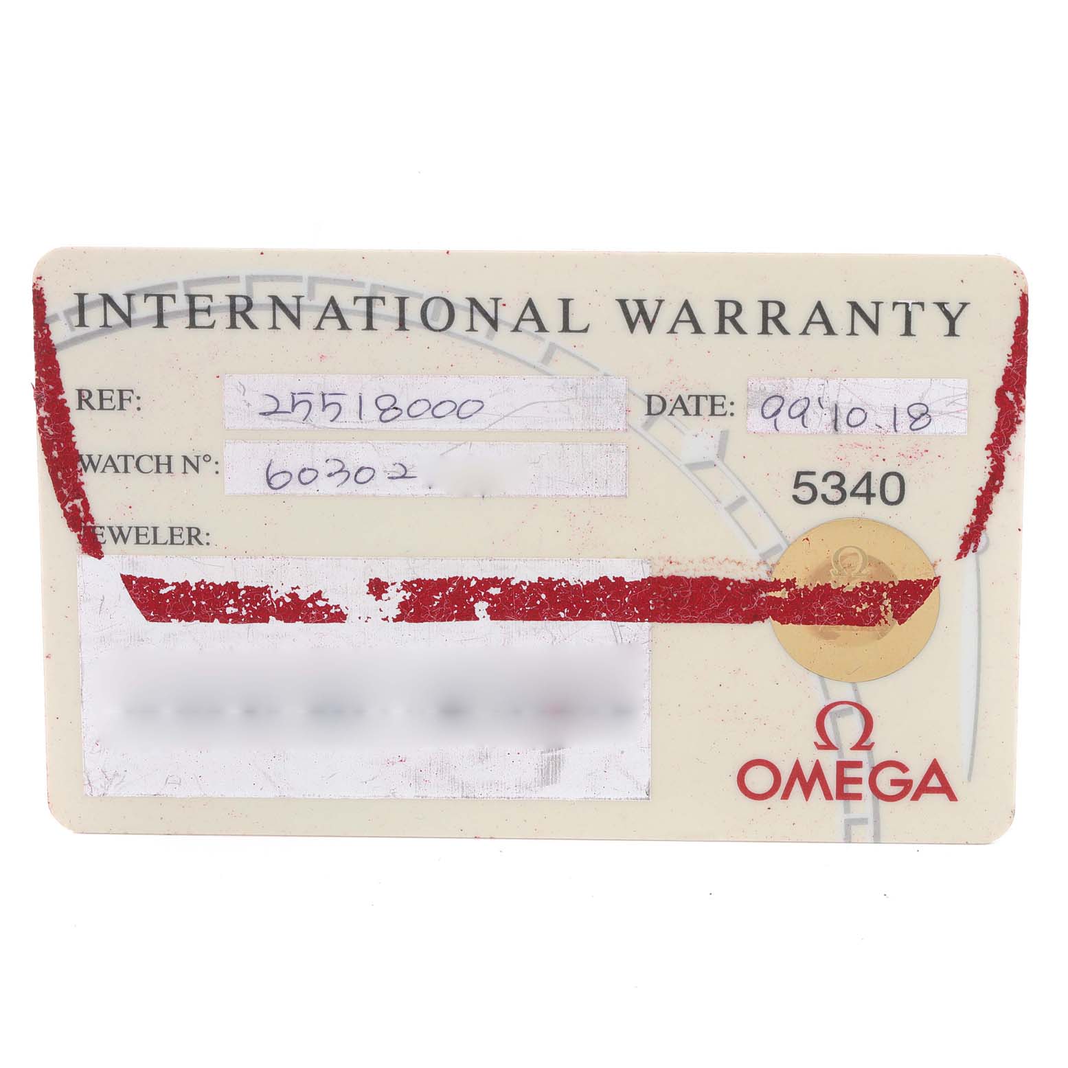 This image shows an International Warranty card for an Omega Seamaster 2551.80.00 Men's Stainless Steel Blue Dial 2551.80.00 Men's Stainless Steel Blue Dial watch featuring reference and watch numbers.