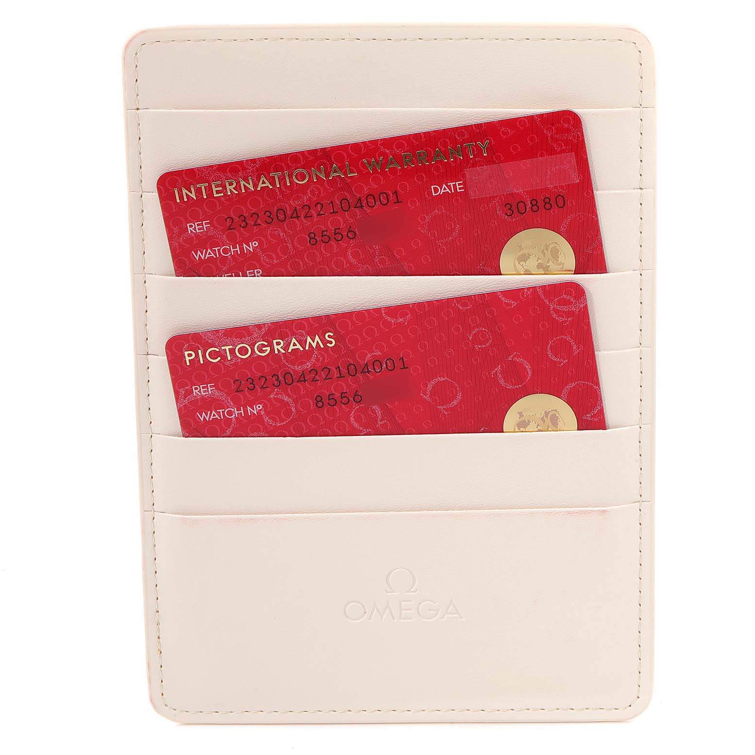 The image shows the warranty cards for the Omega Planet Ocean 232.30.42.21.04.001 Men
s Stainless Steel White Dial 232.30.42.21.04.001 Men
s Stainless Steel White Dial model in a white cardholder.