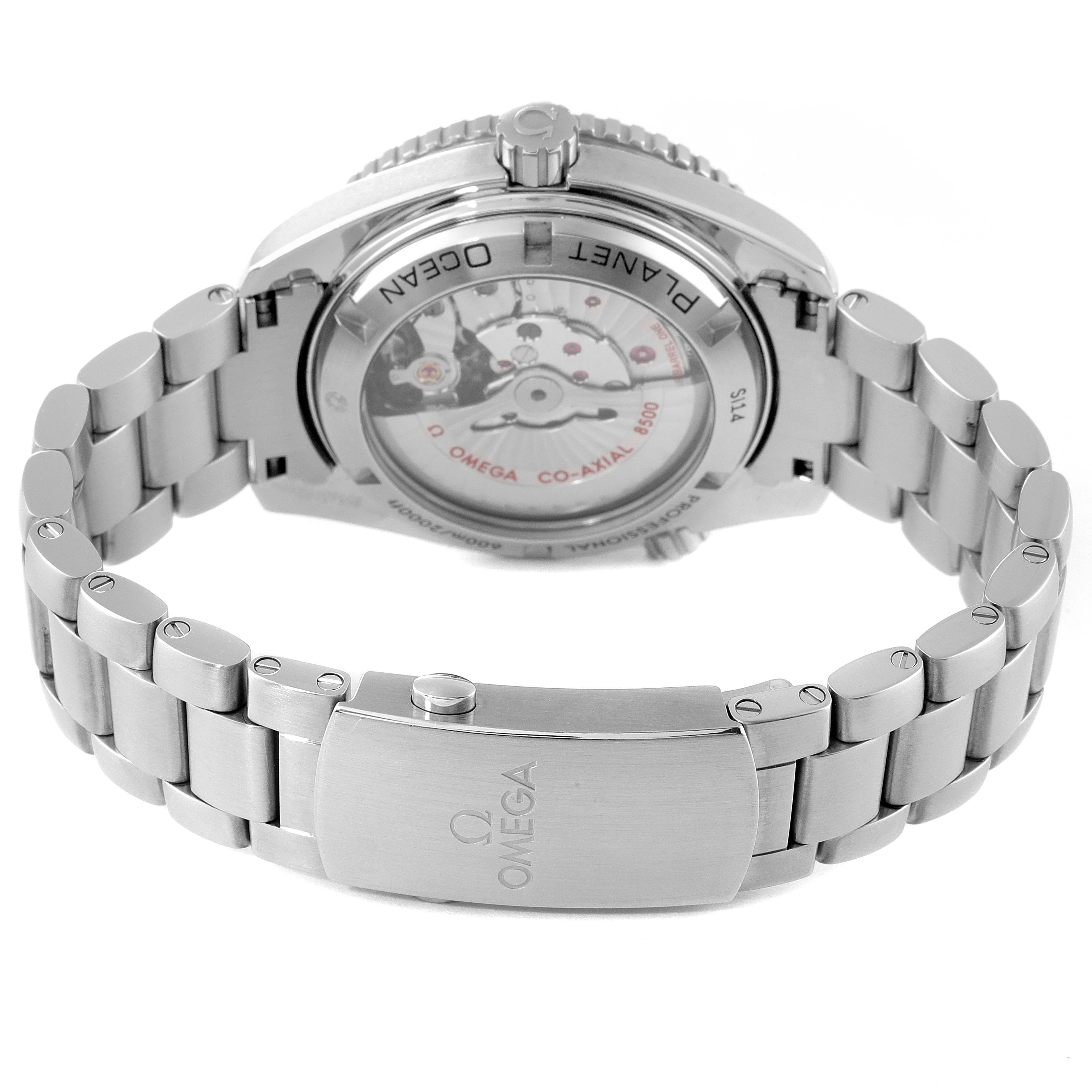 The image shows the back view of an Omega Planet Ocean 232.30.42.21.04.001 Men
s Stainless Steel White Dial 232.30.42.21.04.001 Men
s Stainless Steel White Dial watch, highlighting the case back and the metal bracelet with the Omega clasp.