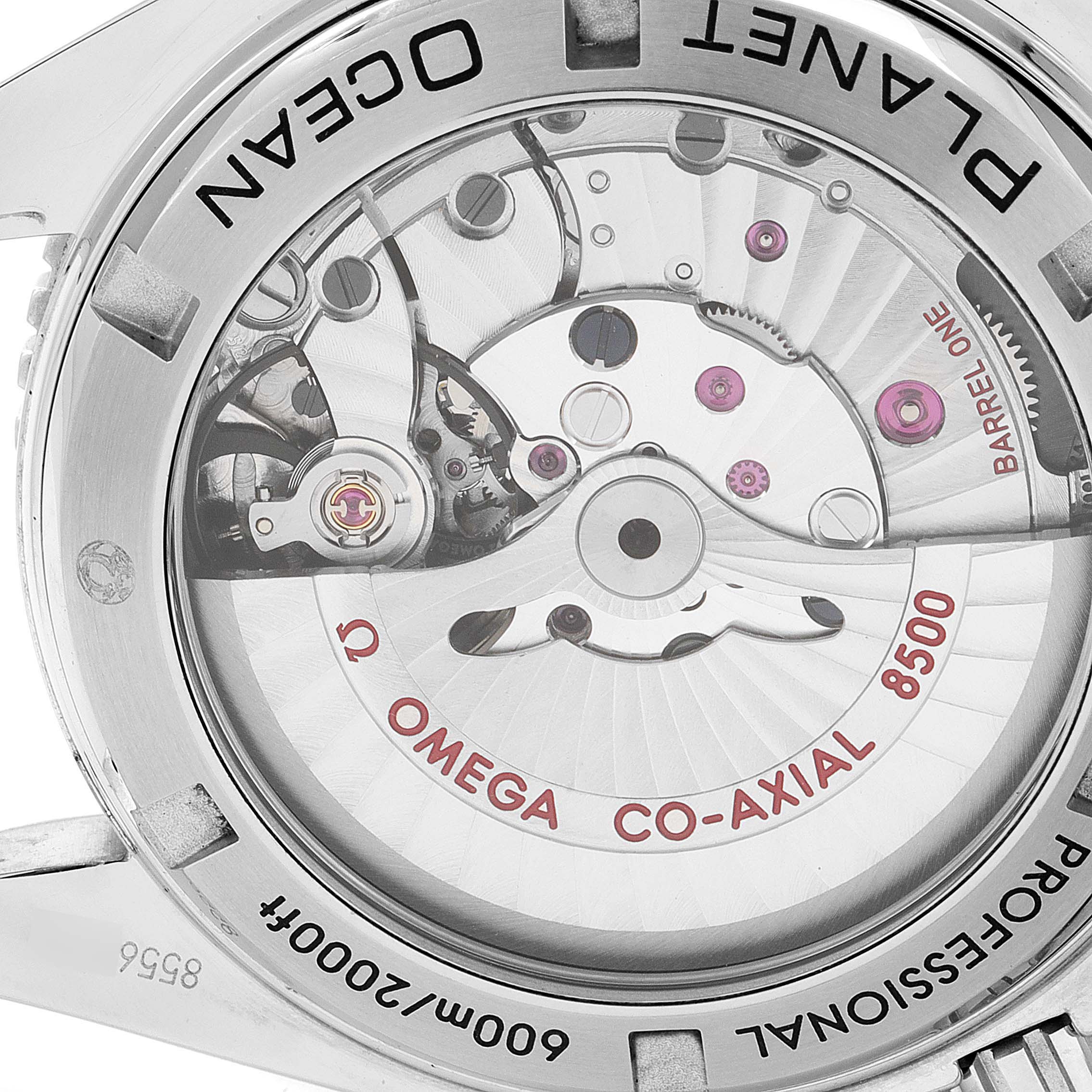 The image shows the back of an Omega Planet Ocean 232.30.42.21.04.001 Men
s Stainless Steel White Dial 232.30.42.21.04.001 Men
s Stainless Steel White Dial watch, highlighting its exposed co-axial 8500 movement mechanism.