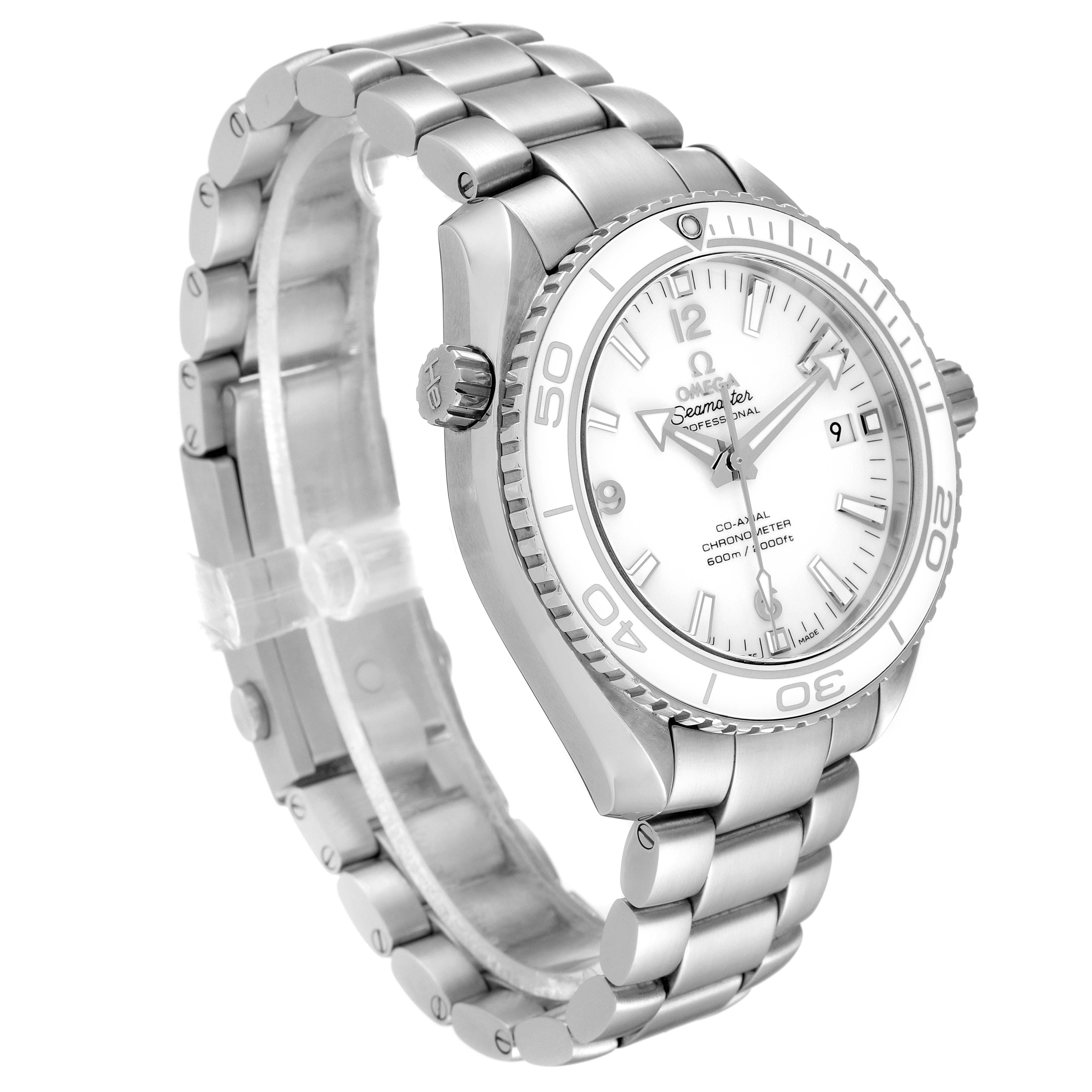 The Omega Planet Ocean 232.30.42.21.04.001 Men
s Stainless Steel White Dial 232.30.42.21.04.001 Men
s Stainless Steel White Dial watch is shown at a side angle, highlighting the dial, bezel, crown, and bracelet.