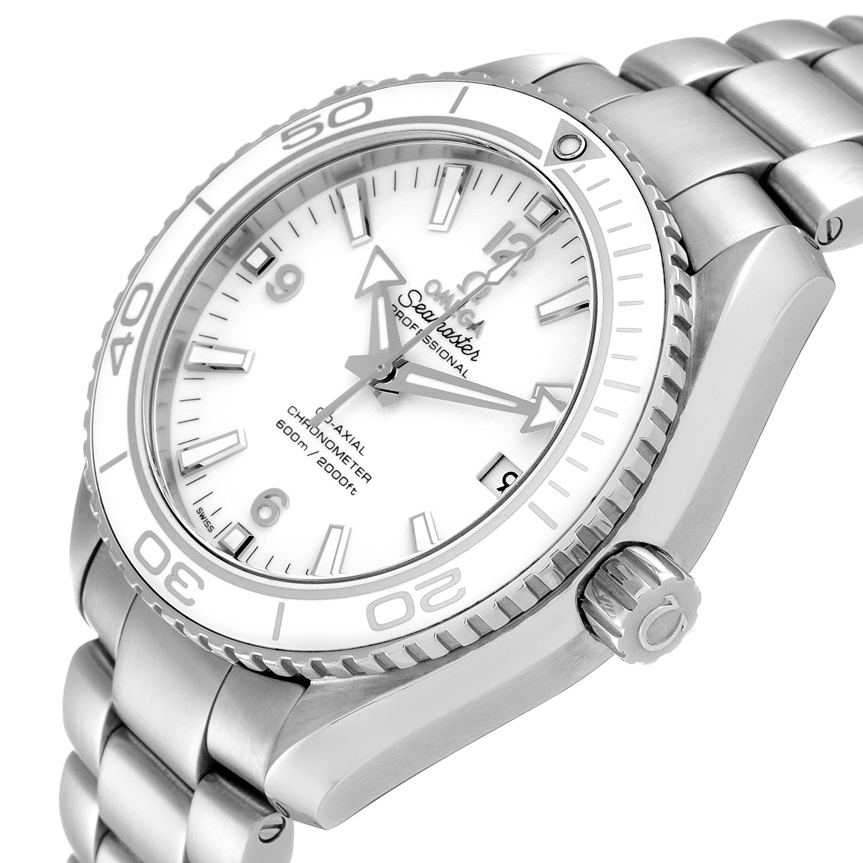 This image shows a close-up side angle of the Omega Planet Ocean 232.30.42.21.04.001 Men
s Stainless Steel White Dial 232.30.42.21.04.001 Men
s Stainless Steel White Dial watch, highlighting the face, bezel, and part of the bracelet.