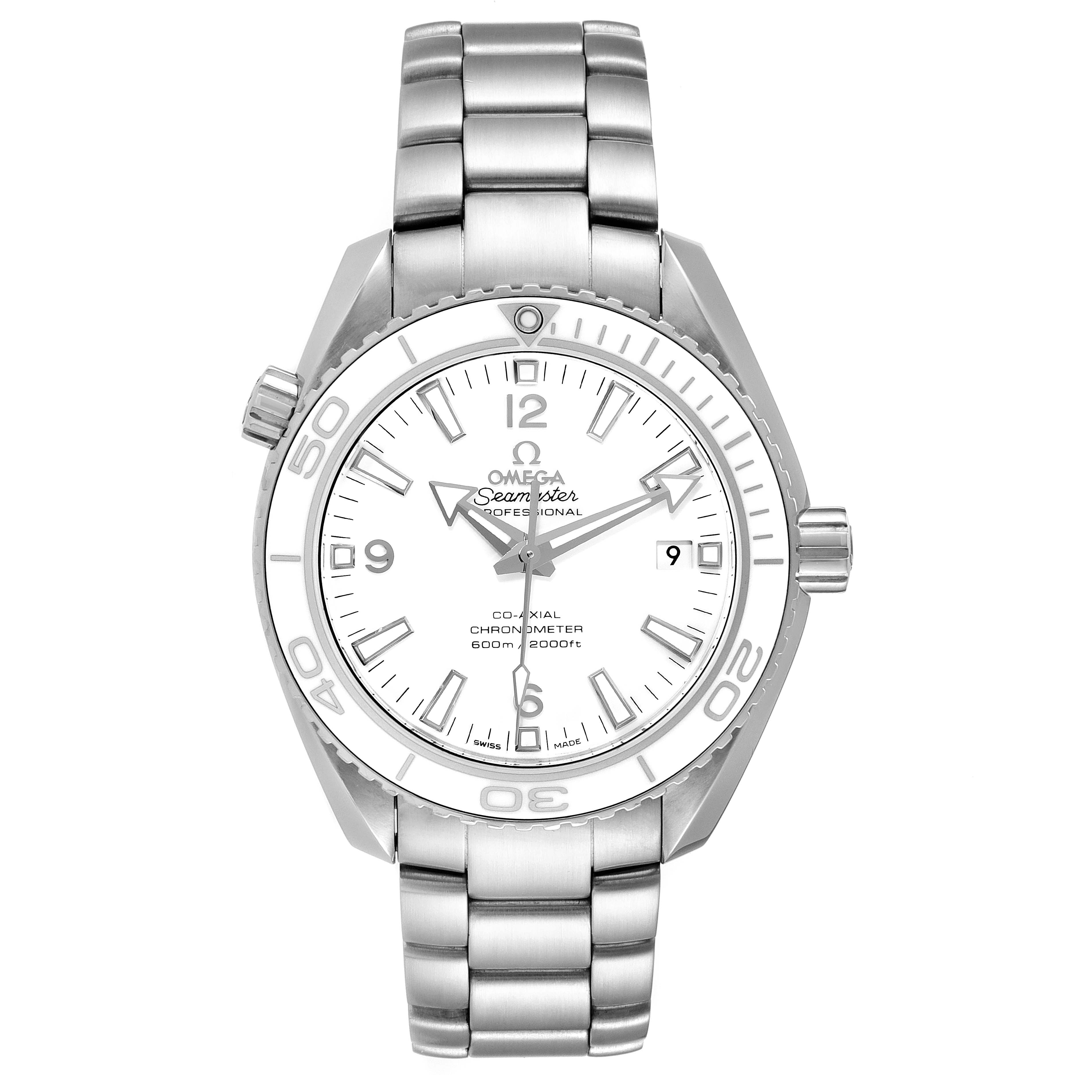 This image shows a front view of the Omega Planet Ocean 232.30.42.21.04.001 Men
s Stainless Steel White Dial 232.30.42.21.04.001 Men
s Stainless Steel White Dial watch, highlighting its dial, bezel, bracelet, and crown.