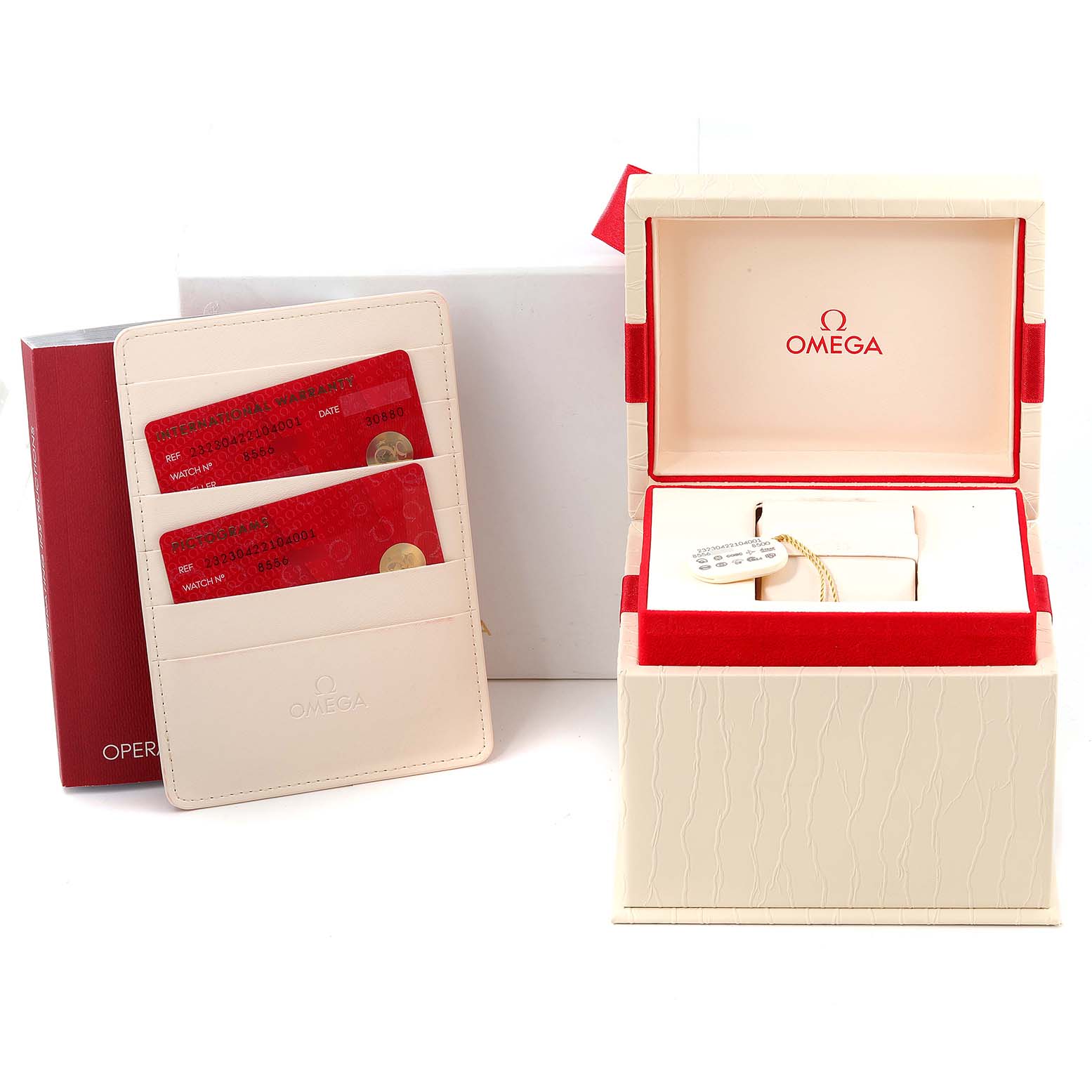 The image shows the packaging, warranty cards, and box for the Omega Planet Ocean 232.30.42.21.04.001 Men
s Stainless Steel White Dial 232.30.42.21.04.001 Men
s Stainless Steel White Dial watch model.