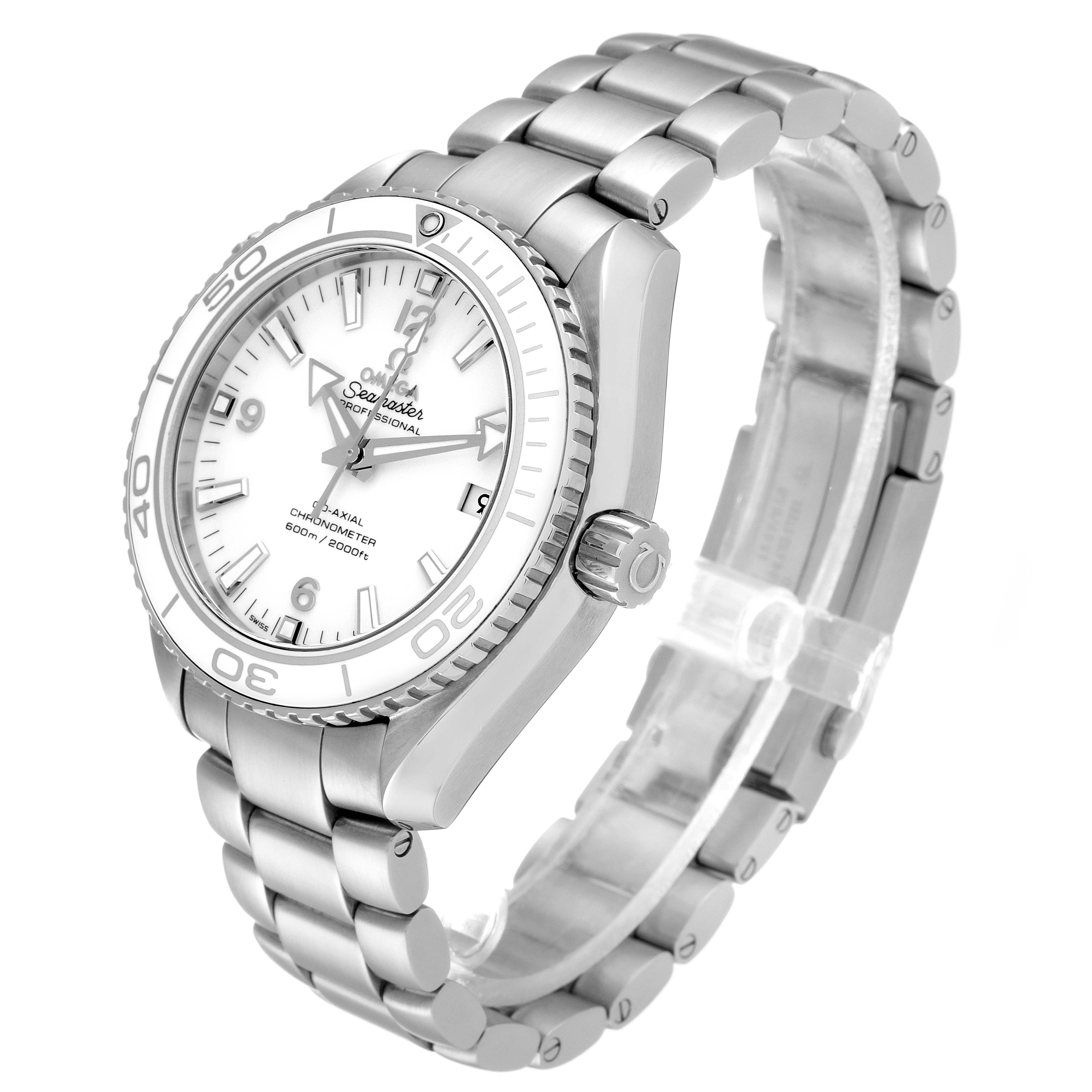 The Omega Planet Ocean 232.30.42.21.04.001 Men
s Stainless Steel White Dial 232.30.42.21.04.001 Men
s Stainless Steel White Dial watch is shown at a three-quarter angle, highlighting its white dial, bezel, crown, and metal bracelet.