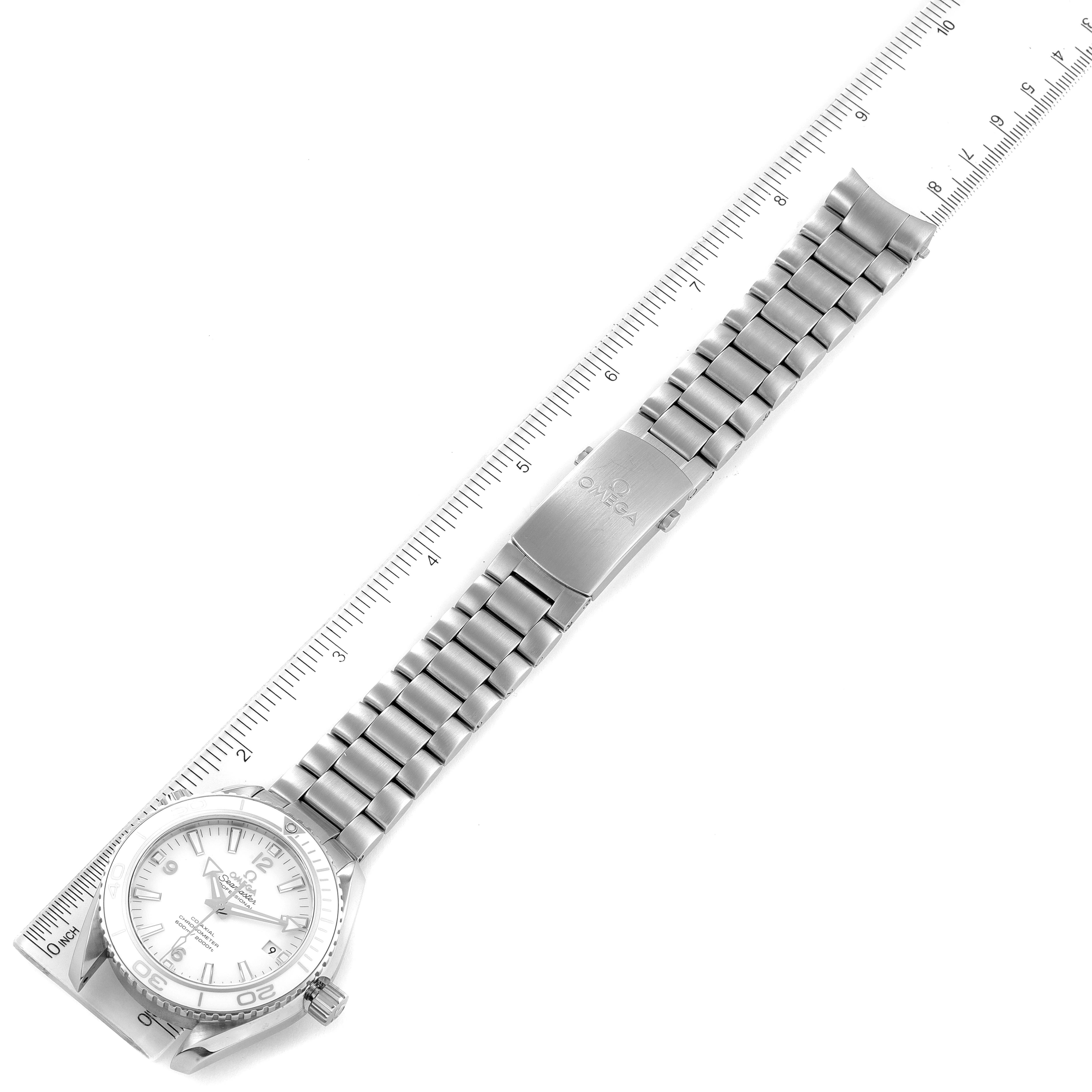 The Omega Planet Ocean 232.30.42.21.04.001 Men
s Stainless Steel White Dial 232.30.42.21.04.001 Men
s Stainless Steel White Dial watch is shown from a top-down angle, featuring the watch face, bezel, bracelet, and clasp.