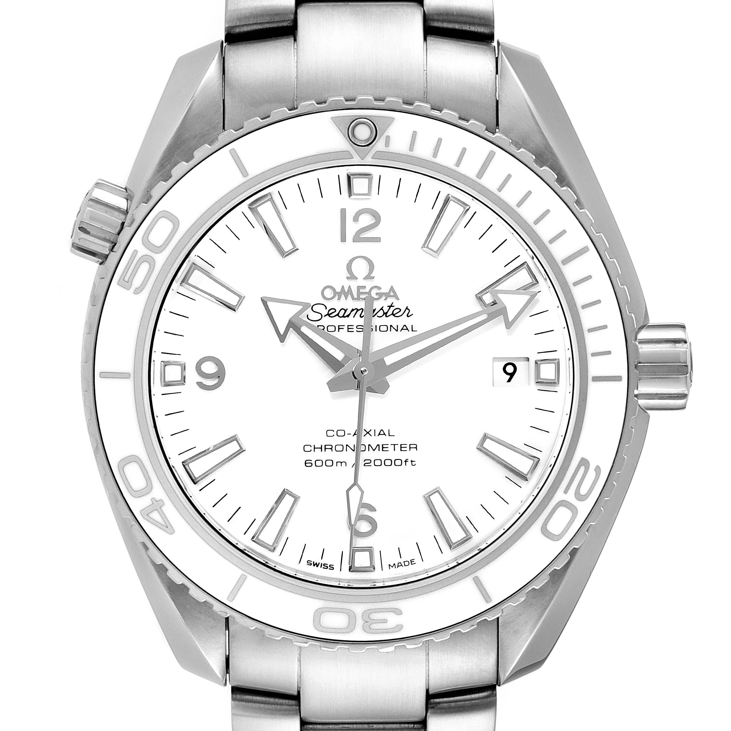 The image shows the front view of the Omega Seamaster Planet Ocean watch, highlighting the bezel, dial, crown, and bracelet.