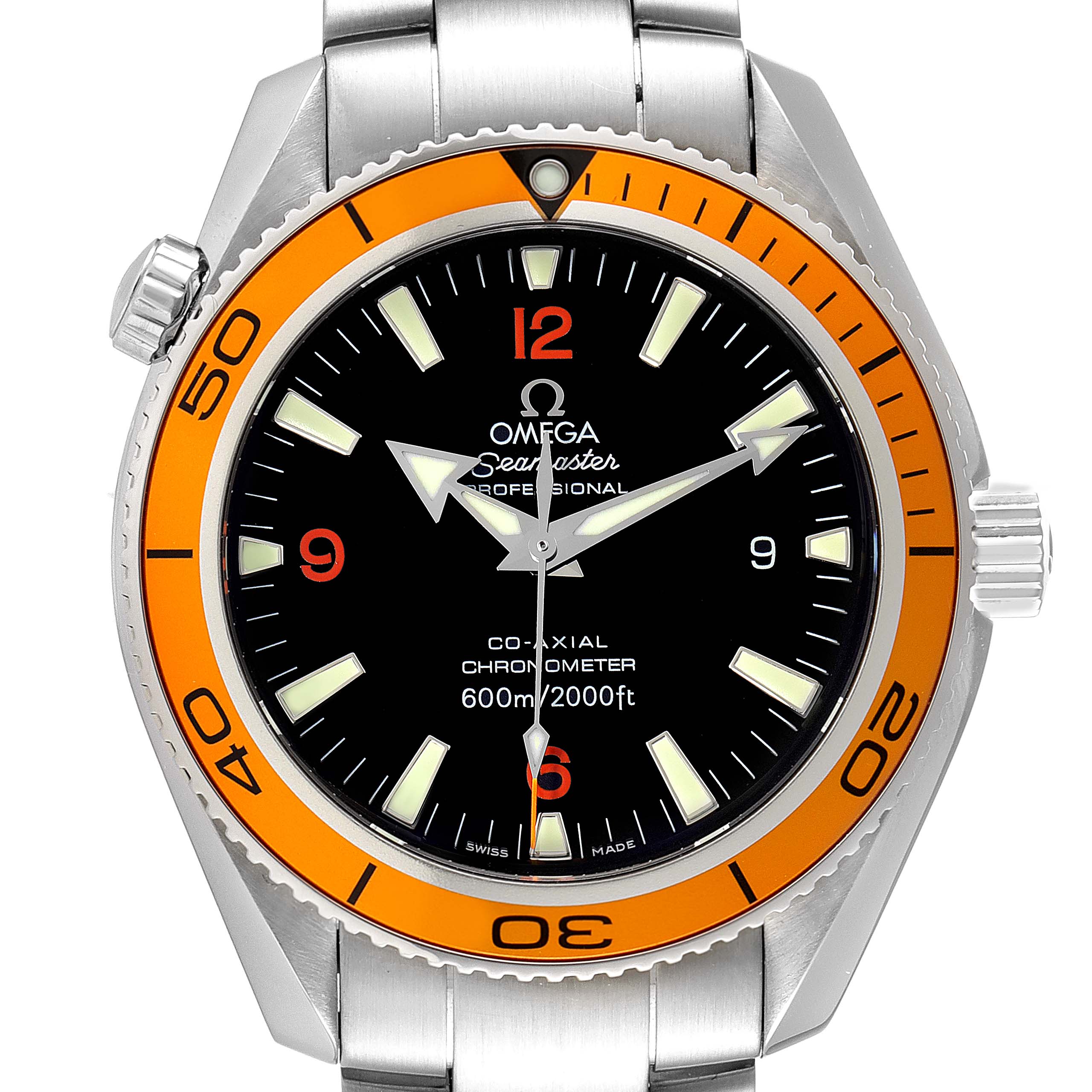The image shows a frontal view of the Omega Planet Ocean 2209.50.00 Men
s Stainless Steel Black Dial 2209.50.00 Men
s Stainless Steel Black Dial model watch, displaying the dial, bezel, and part of the bracelet.
