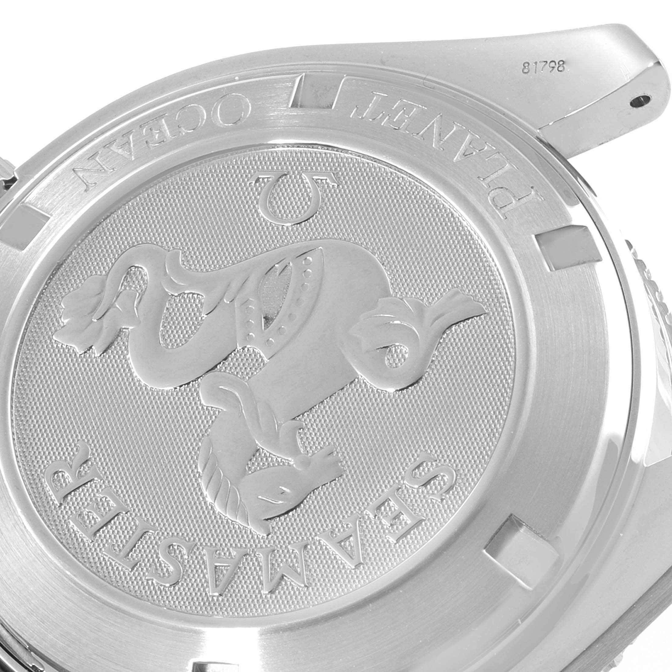 The image shows the case back of the Omega Planet Ocean 2209.50.00 Men
s Stainless Steel Black Dial 2209.50.00 Men
s Stainless Steel Black Dial Seamaster model from a close-up angle.