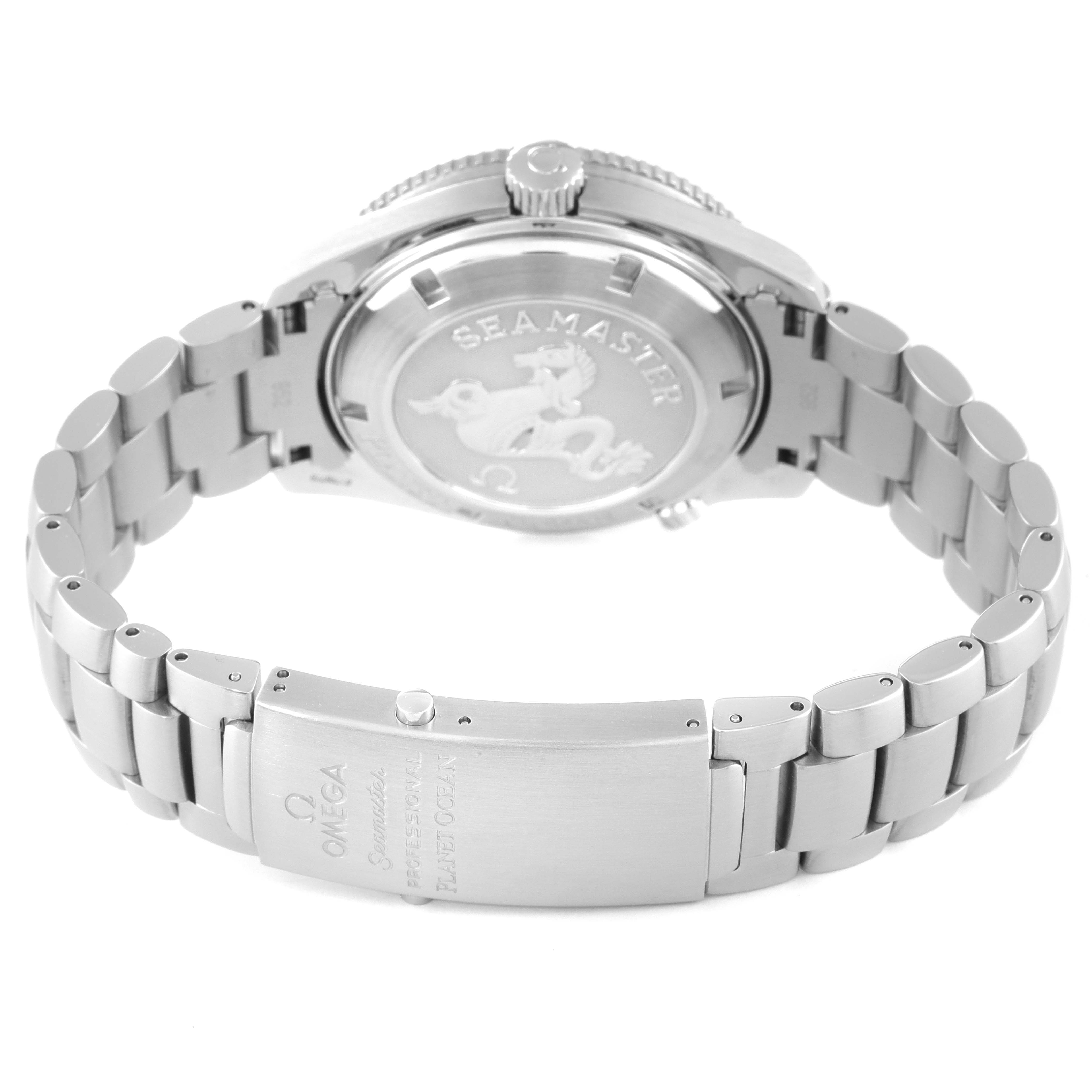 The image shows the back case and bracelet of the Omega Planet Ocean 2209.50.00 Men
s Stainless Steel Black Dial 2209.50.00 Men
s Stainless Steel Black Dial Seamaster watch at an angled rear view.