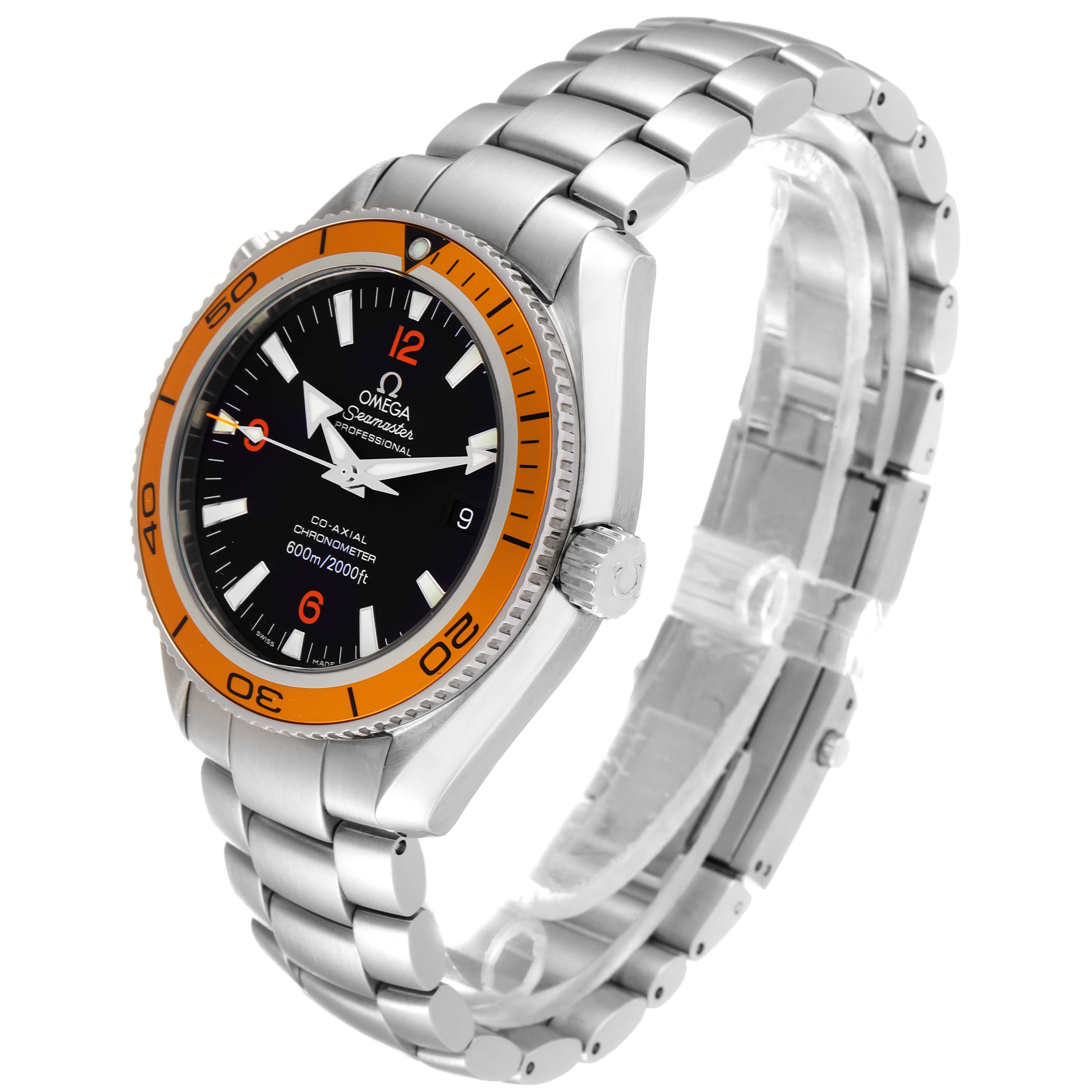 The Omega Planet Ocean 2209.50.00 Men
s Stainless Steel Black Dial 2209.50.00 Men
s Stainless Steel Black Dial watch is shown at a three-quarter angle, displaying the face, crown, and bracelet.