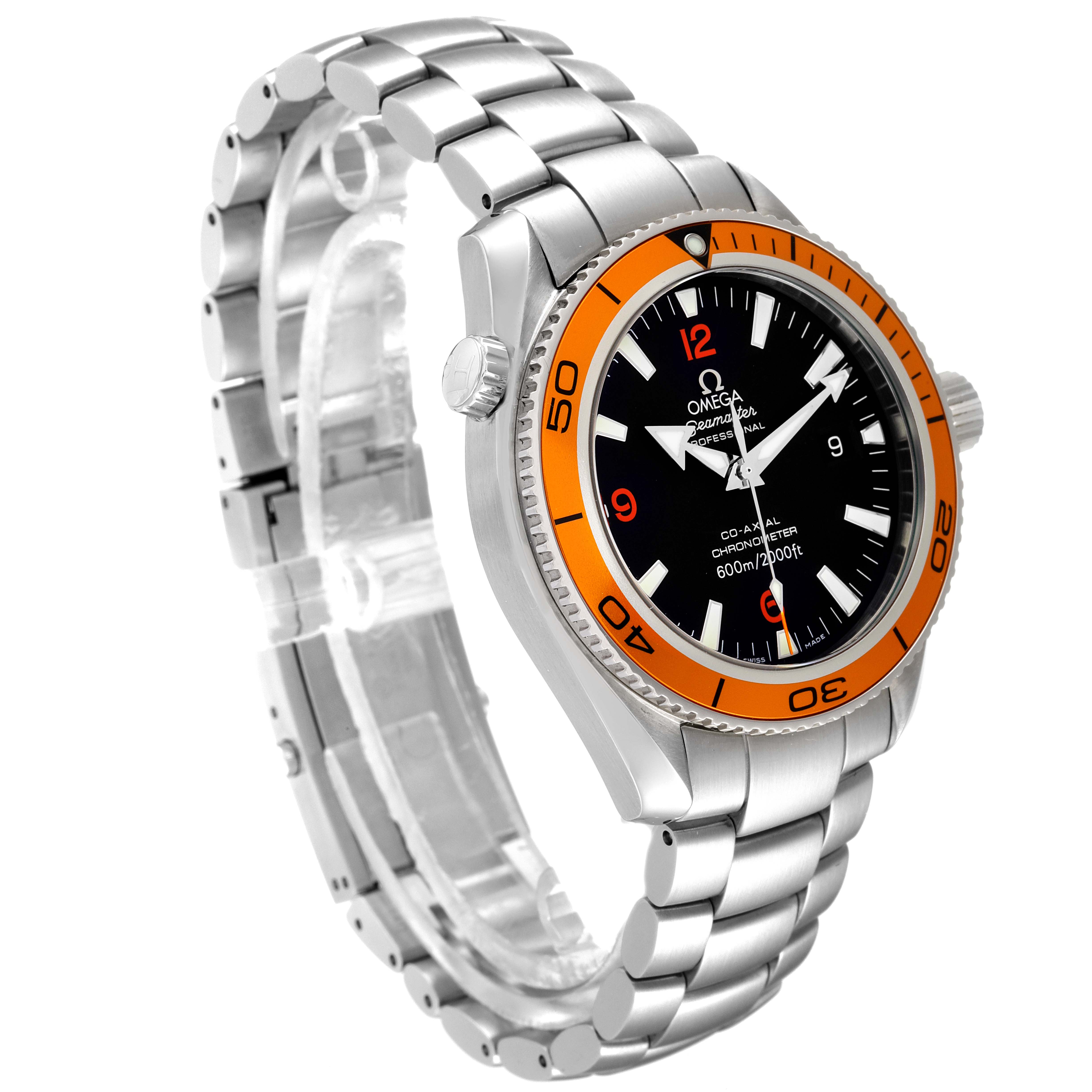 The image shows an Omega Planet Ocean 2209.50.00 Men
s Stainless Steel Black Dial 2209.50.00 Men
s Stainless Steel Black Dial watch at a three-quarter angle, highlighting the dial, bezel, crown, and bracelet.