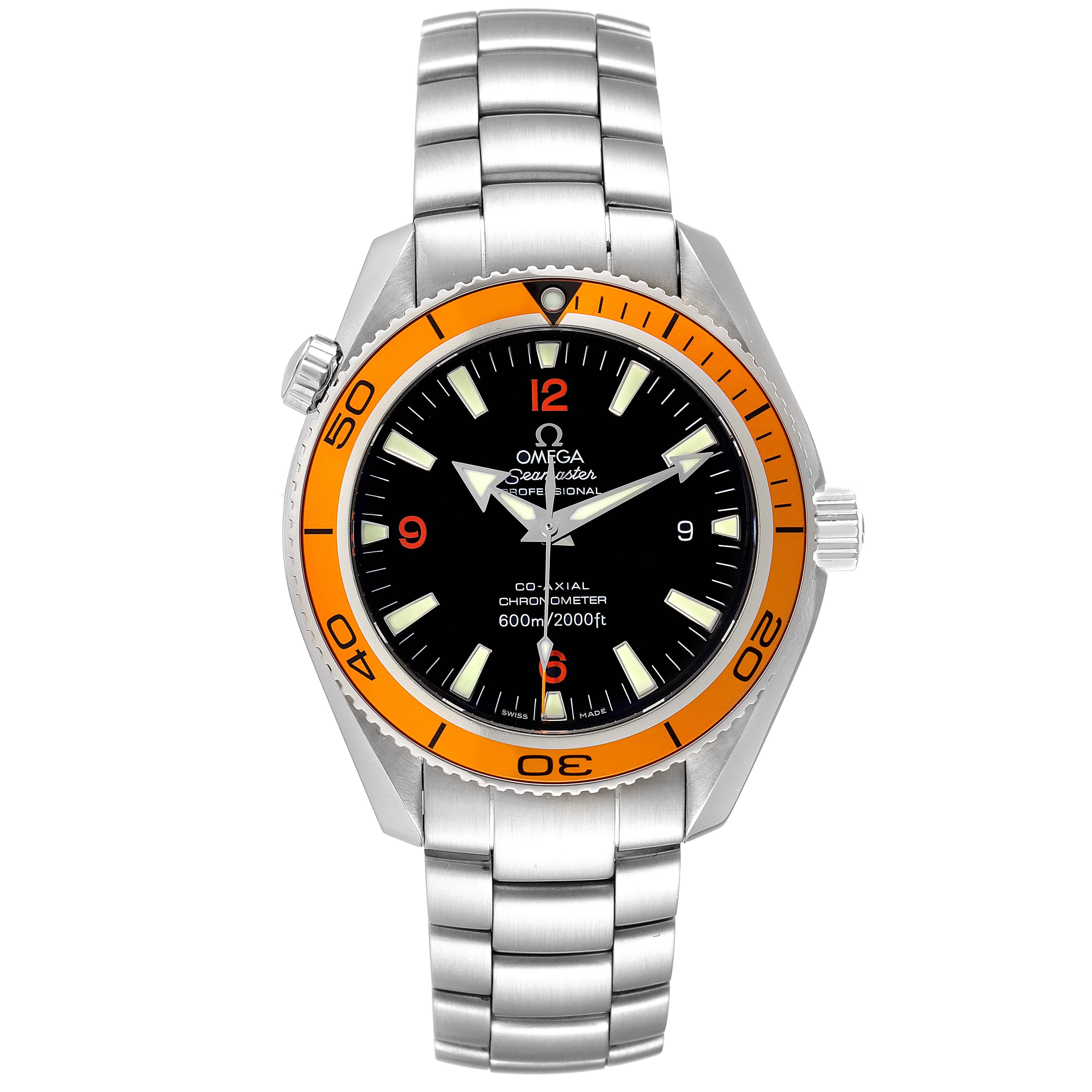 The image shows a front view of the Omega Planet Ocean 2209.50.00 Men
s Stainless Steel Black Dial 2209.50.00 Men
s Stainless Steel Black Dial watch, highlighting the dial, bezel, and stainless steel bracelet.