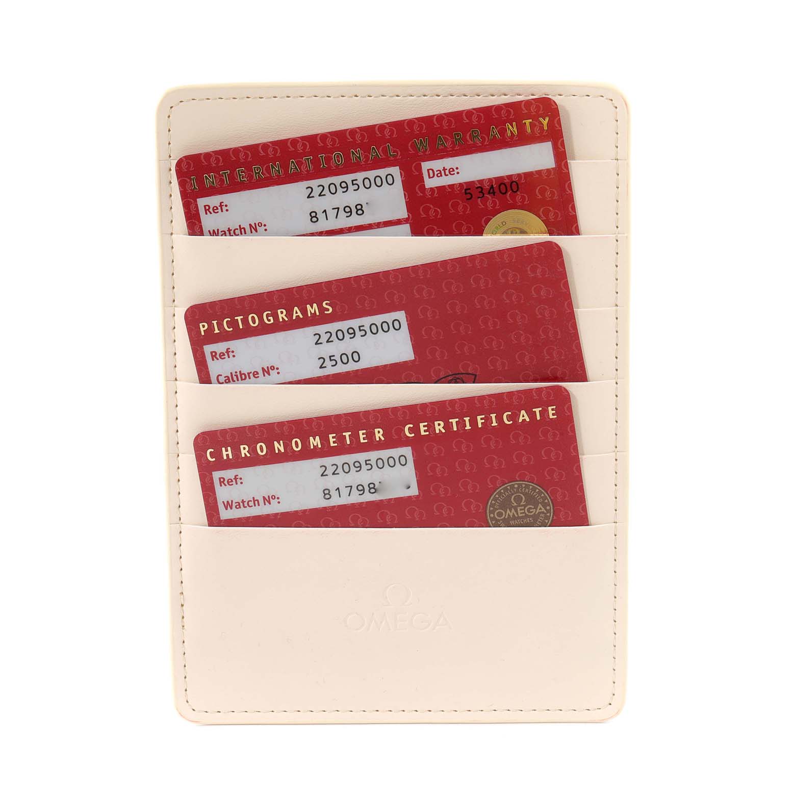 This image shows warranty and certification cards for the Omega Planet Ocean 2209.50.00 Men
s Stainless Steel Black Dial 2209.50.00 Men
s Stainless Steel Black Dial model in a beige cardholder.