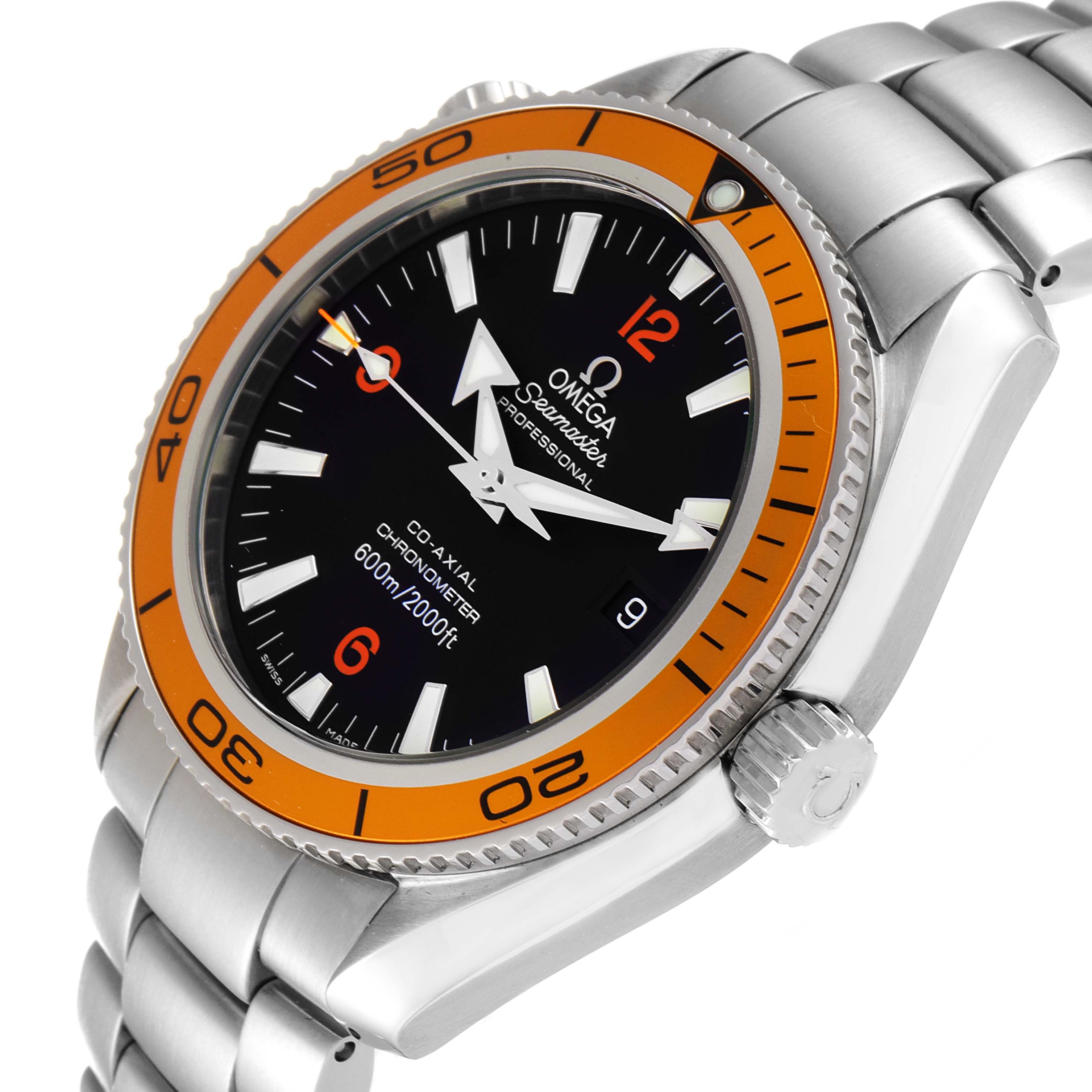The image shows the Omega Planet Ocean 2209.50.00 Men
s Stainless Steel Black Dial 2209.50.00 Men
s Stainless Steel Black Dial watch at an angle highlighting the dial, bezel, crown, and part of the bracelet.