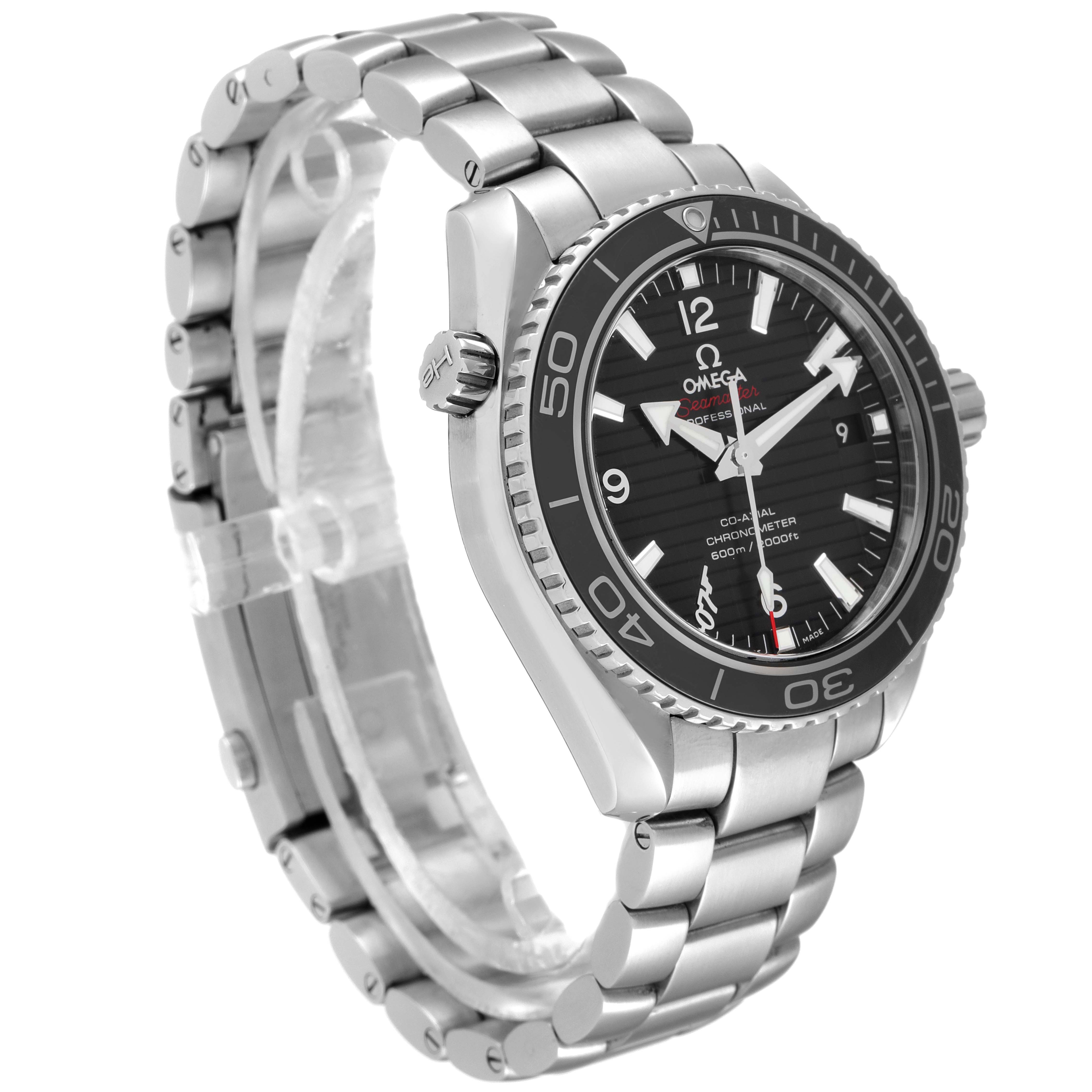 The image shows an angled side view of the Omega Planet Ocean 232.30.42.21.01.004 Men's Stainless Steel Black Dial 232.30.42.21.01.004 Men's Stainless Steel Black Dial watch, highlighting the bezel, dial, crown, and metal bracelet.