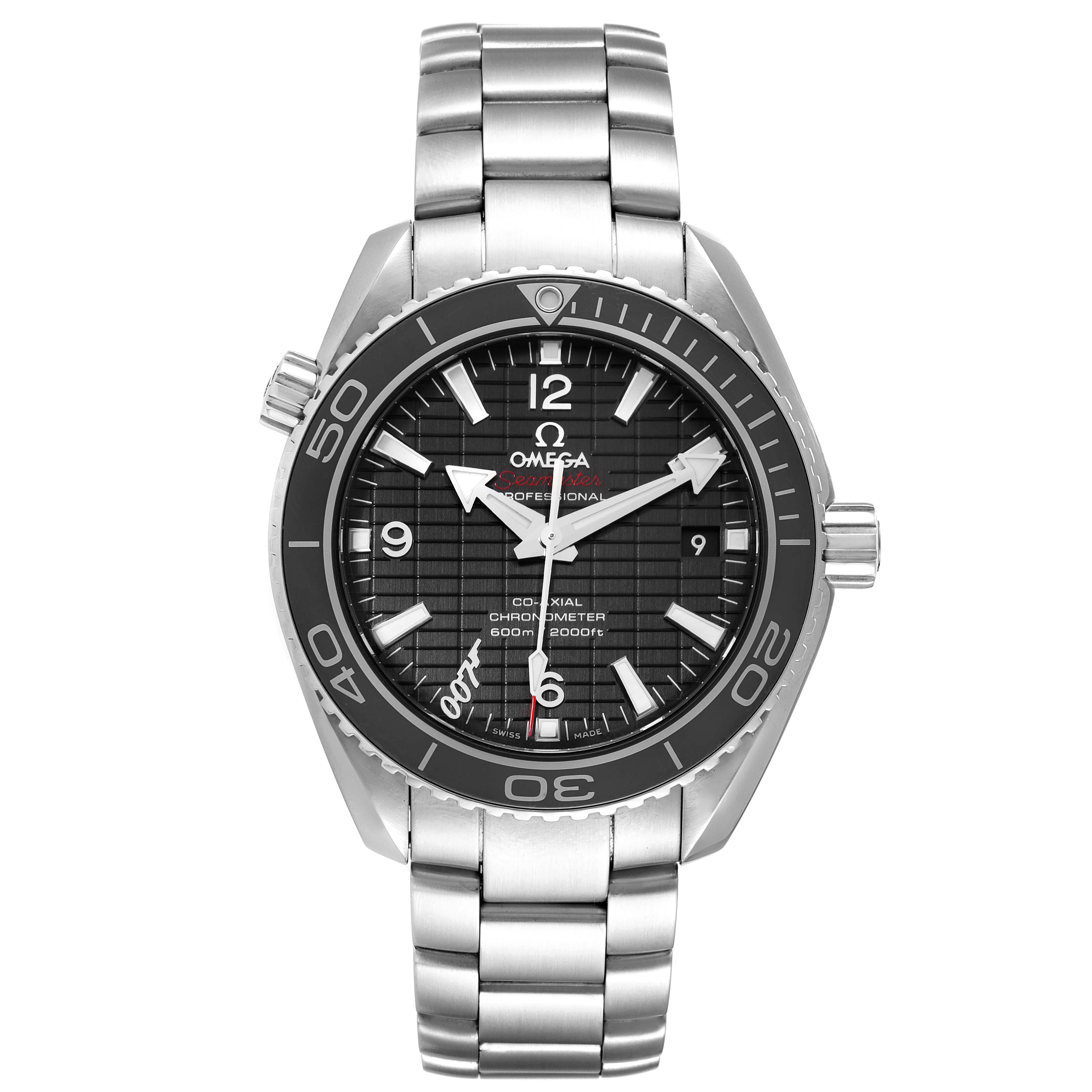 The Omega Planet Ocean 232.30.42.21.01.004 Men's Stainless Steel Black Dial 232.30.42.21.01.004 Men's Stainless Steel Black Dial watch is shown from a front angle, displaying its stainless steel bracelet, bezel, and dial.