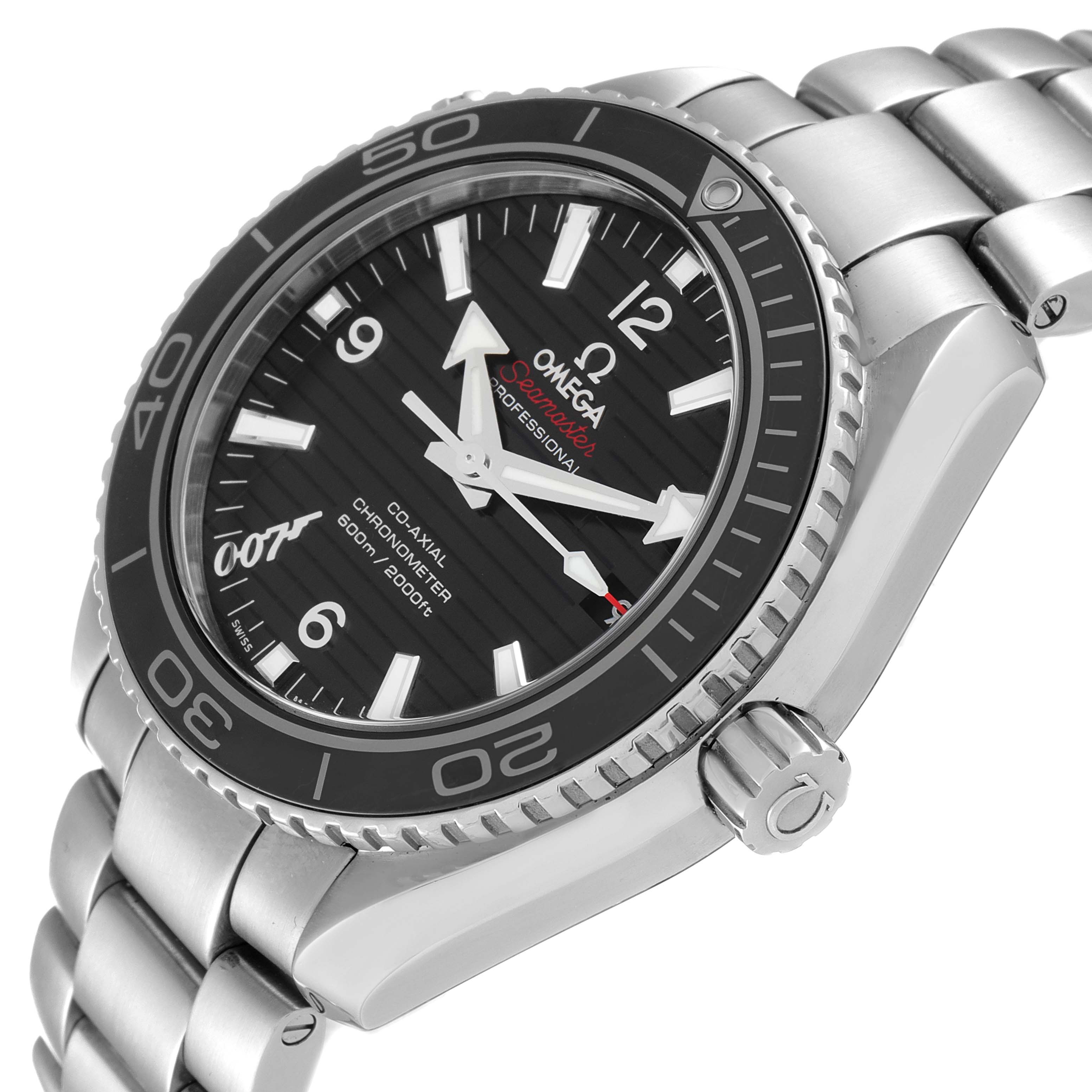 The image shows the Omega Planet Ocean 232.30.42.21.01.004 Men's Stainless Steel Black Dial 232.30.42.21.01.004 Men's Stainless Steel Black Dial watch at a right-side angle, highlighting its bezel, dial, and stainless-steel bracelet.