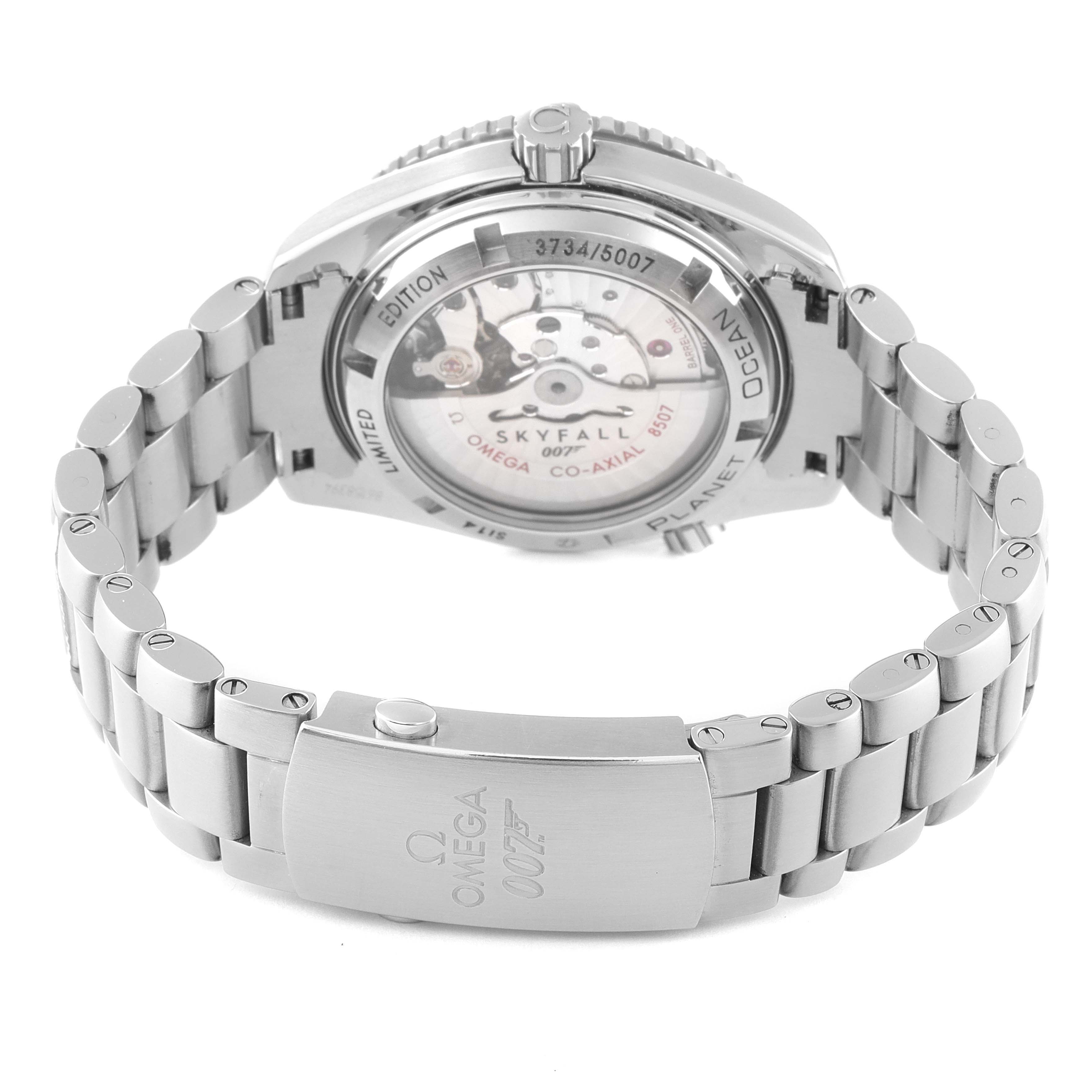 This image shows the backside and bracelet of the Omega Planet Ocean 232.30.42.21.01.004 Men's Stainless Steel Black Dial 232.30.42.21.01.004 Men's Stainless Steel Black Dial watch model, showcasing its clasp and limited edition markings.