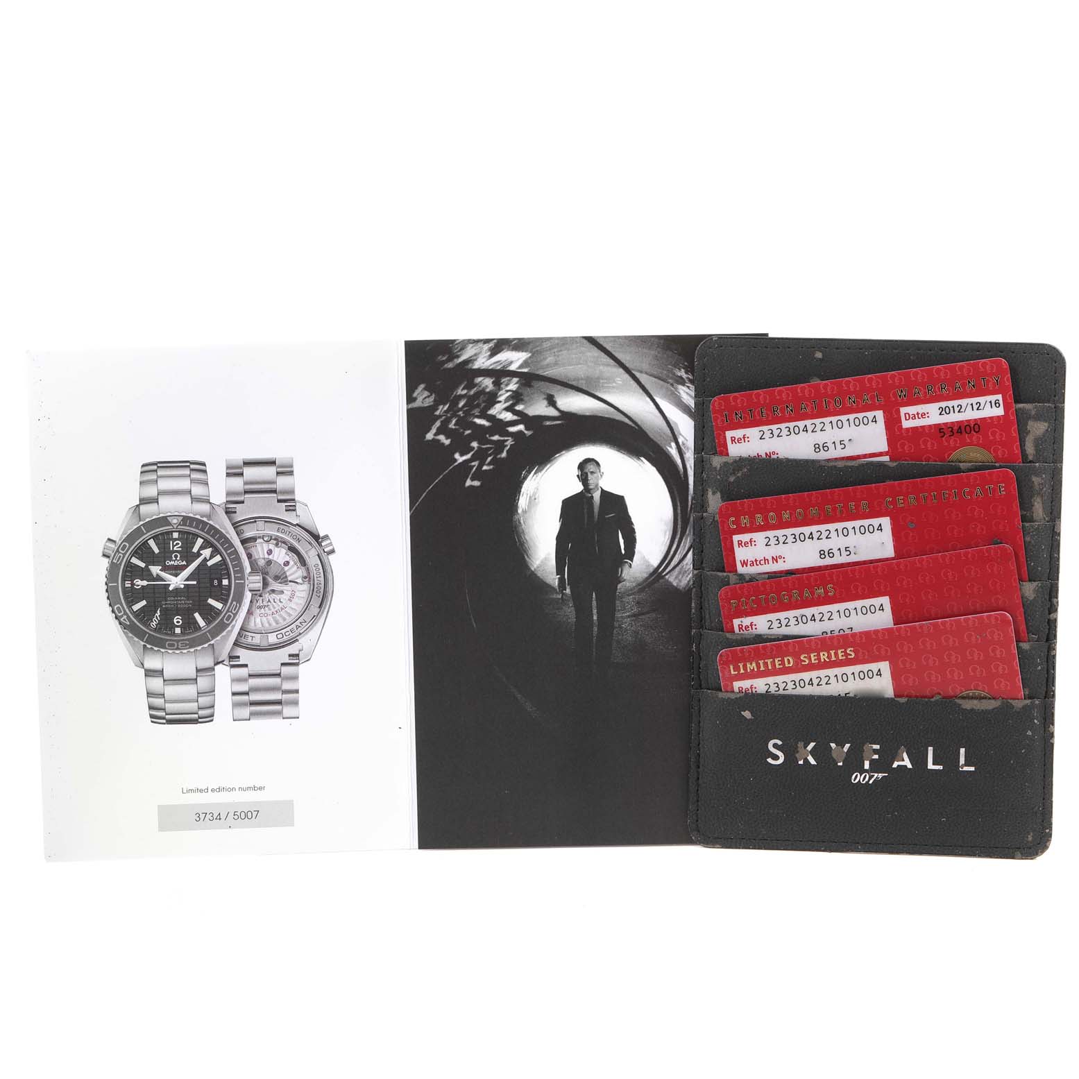 The image displays a booklet for the Omega Planet Ocean 232.30.42.21.01.004 Men's Stainless Steel Black Dial 232.30.42.21.01.004 Men's Stainless Steel Black Dial watch model, including front and back views and related certificates.