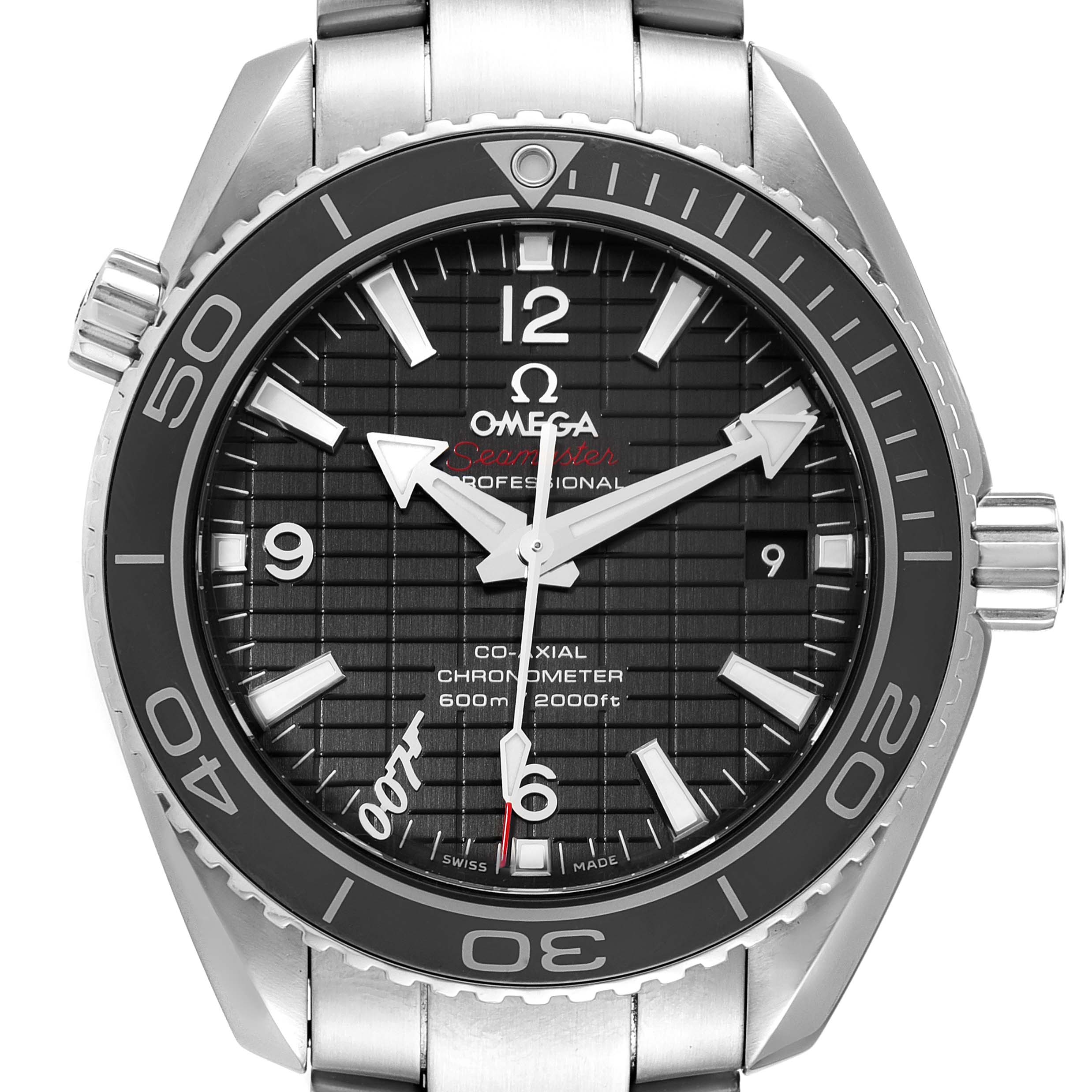 The Omega Planet Ocean 232.30.42.21.01.004 Men's Stainless Steel Black Dial 232.30.42.21.01.004 Men's Stainless Steel Black Dial watch is shown from the front angle, highlighting the bezel, dial, and stainless steel bracelet.