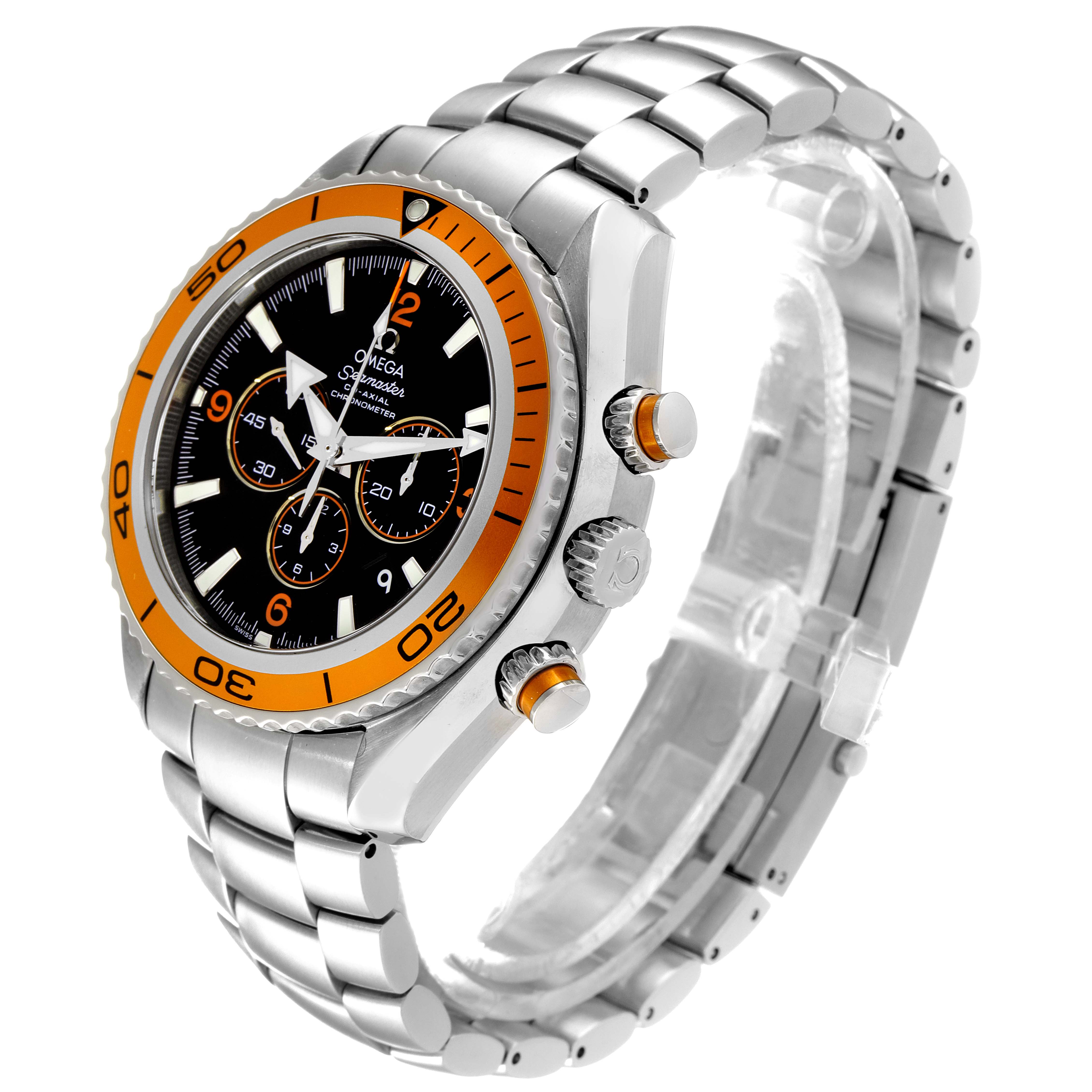 The Omega Planet Ocean 2218.50.00 Men's Stainless Steel Black Dial 2218.50.00 Men's Stainless Steel Black Dial watch is shown at an angle displaying the face, crown, bezel, and metal bracelet.