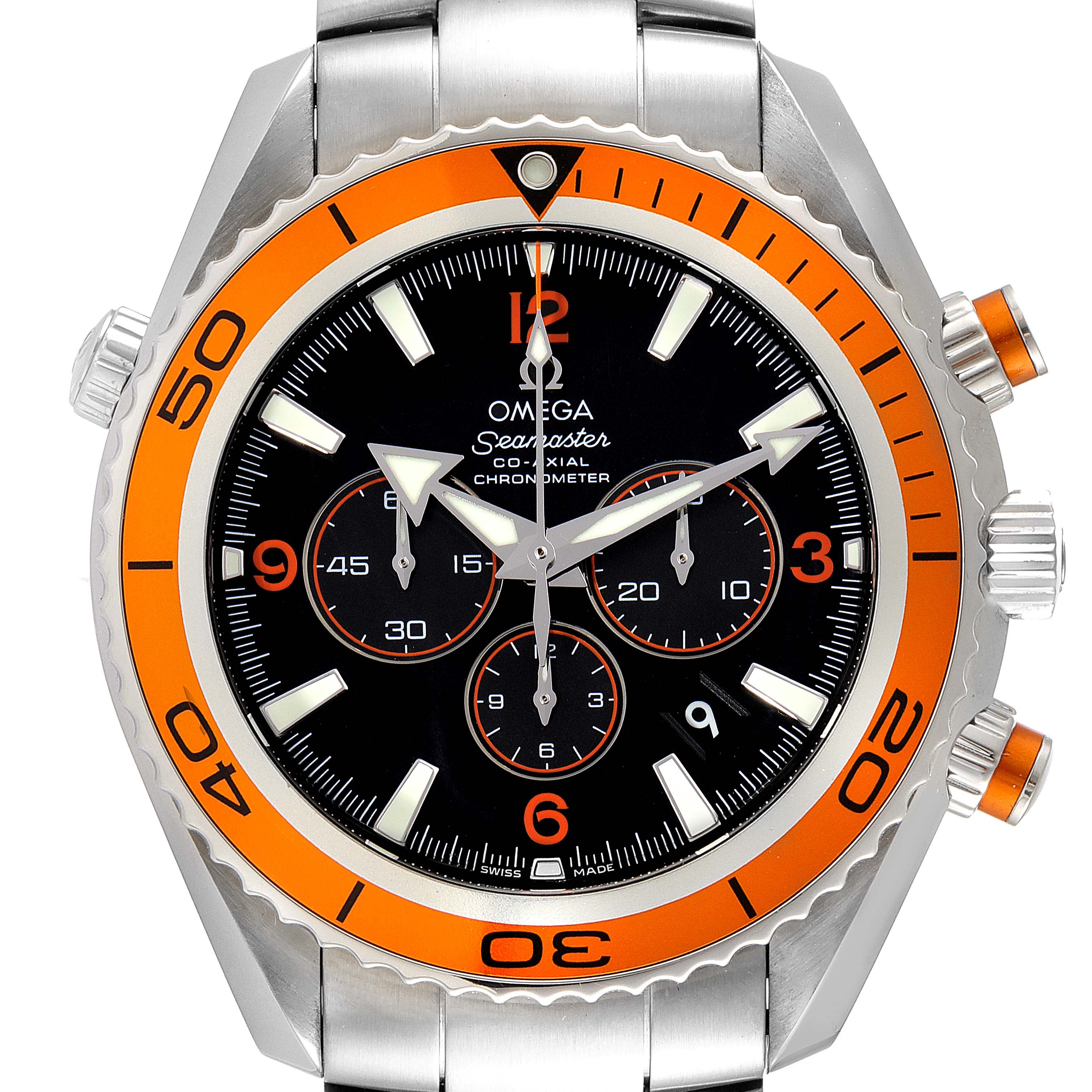 This image shows a front view of the Omega Planet Ocean 2218.50.00 Men's Stainless Steel Black Dial 2218.50.00 Men's Stainless Steel Black Dial watch, highlighting its orange bezel, dials, and stainless steel case.