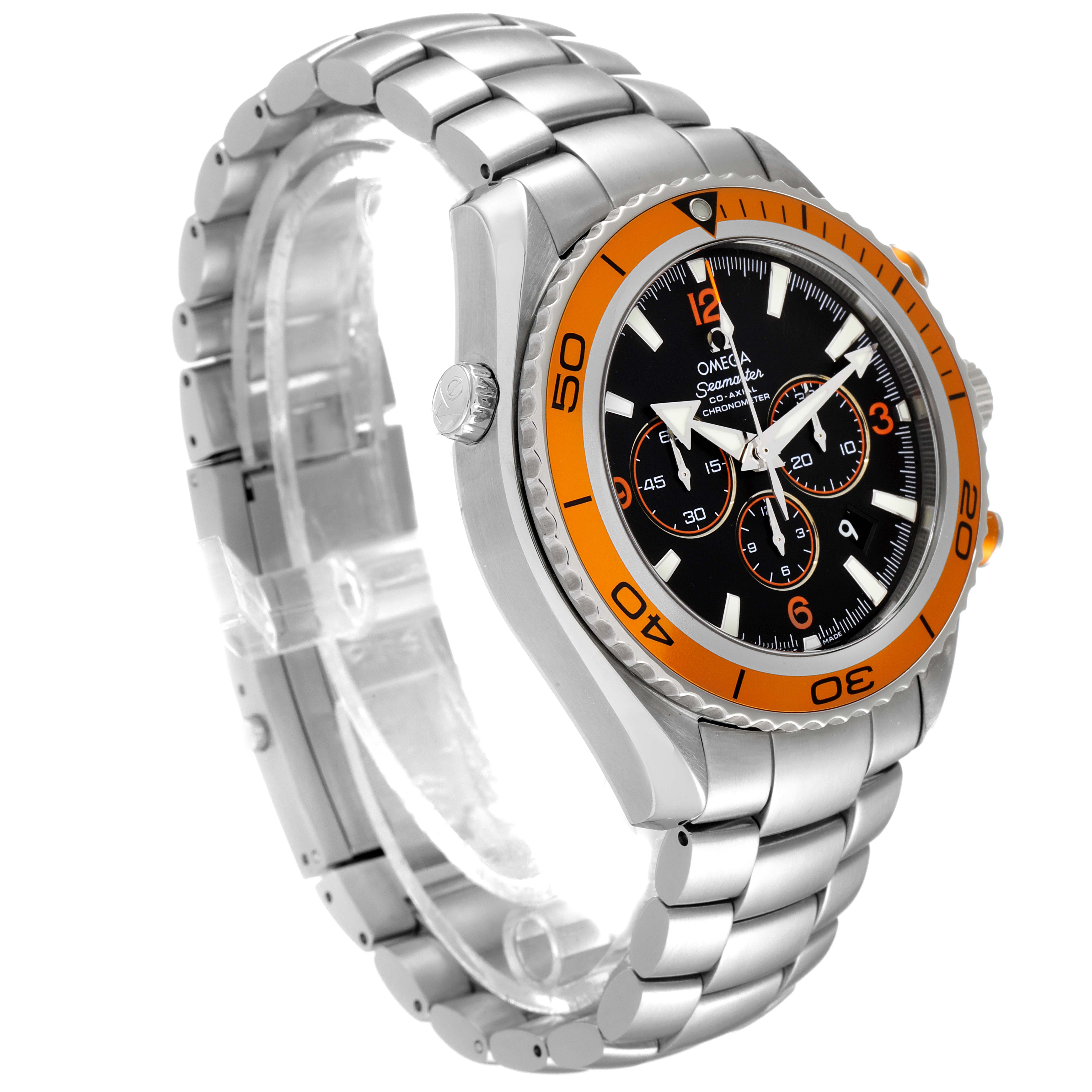 The image shows a side and front view angle of the Omega Planet Ocean 2218.50.00 Men's Stainless Steel Black Dial 2218.50.00 Men's Stainless Steel Black Dial watch, highlighting the orange bezel and metal bracelet.