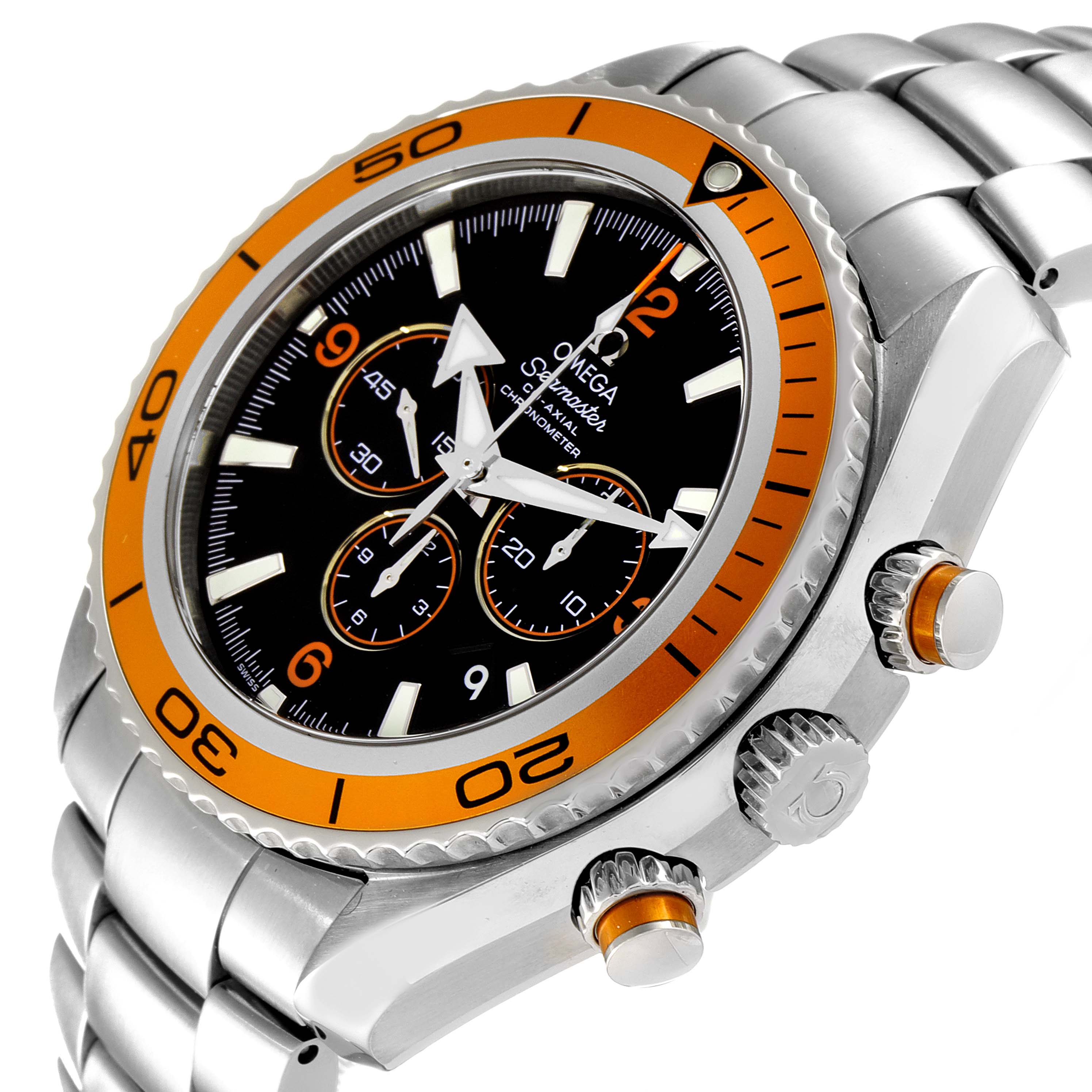The image shows a close-up view of the Omega Planet Ocean 2218.50.00 Men's Stainless Steel Black Dial 2218.50.00 Men's Stainless Steel Black Dial watch, highlighting its orange bezel, chronograph dials, and stainless steel bracelet.