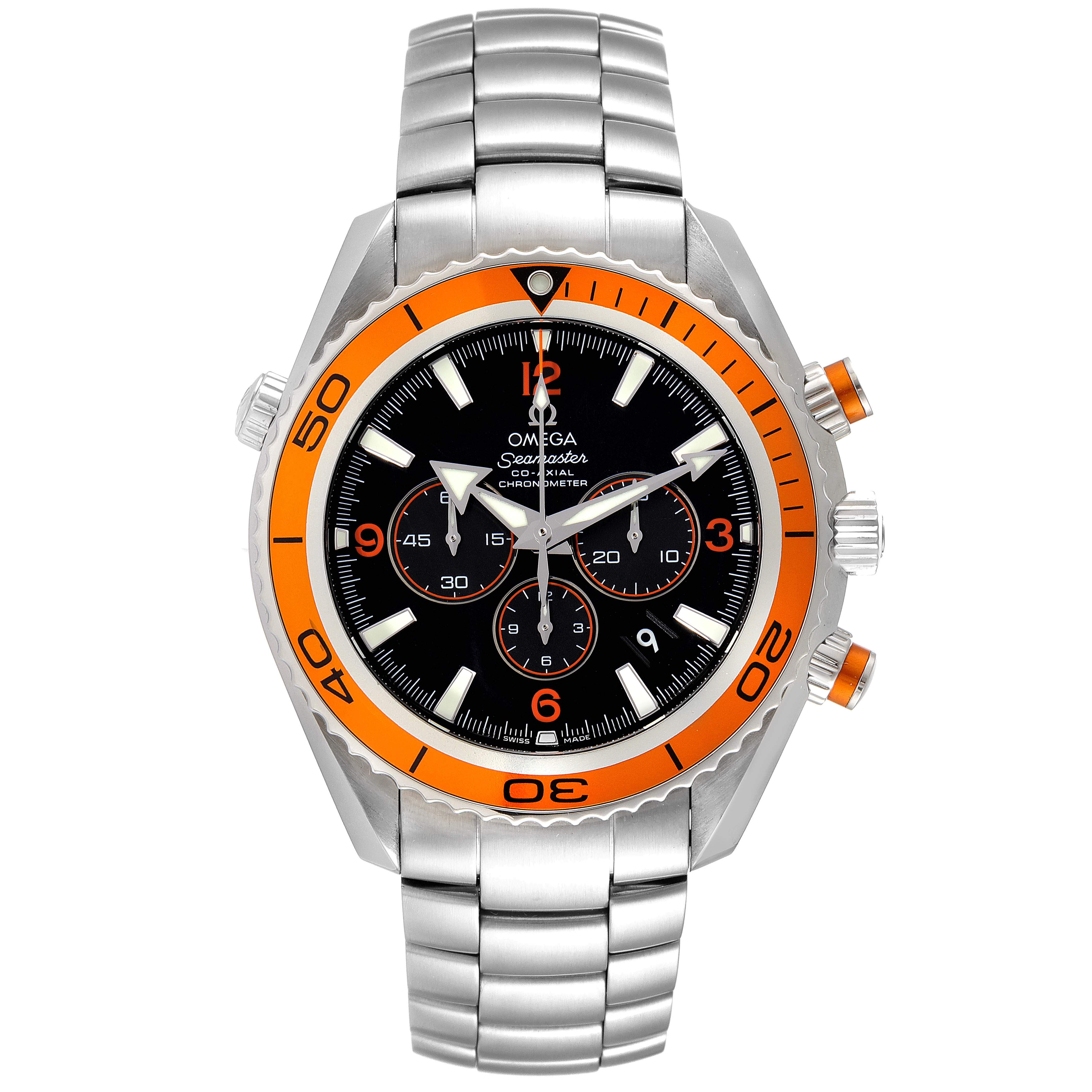 The image shows a front view of the Omega Planet Ocean 2218.50.00 Men's Stainless Steel Black Dial 2218.50.00 Men's Stainless Steel Black Dial watch, featuring an orange bezel and stainless steel bracelet.