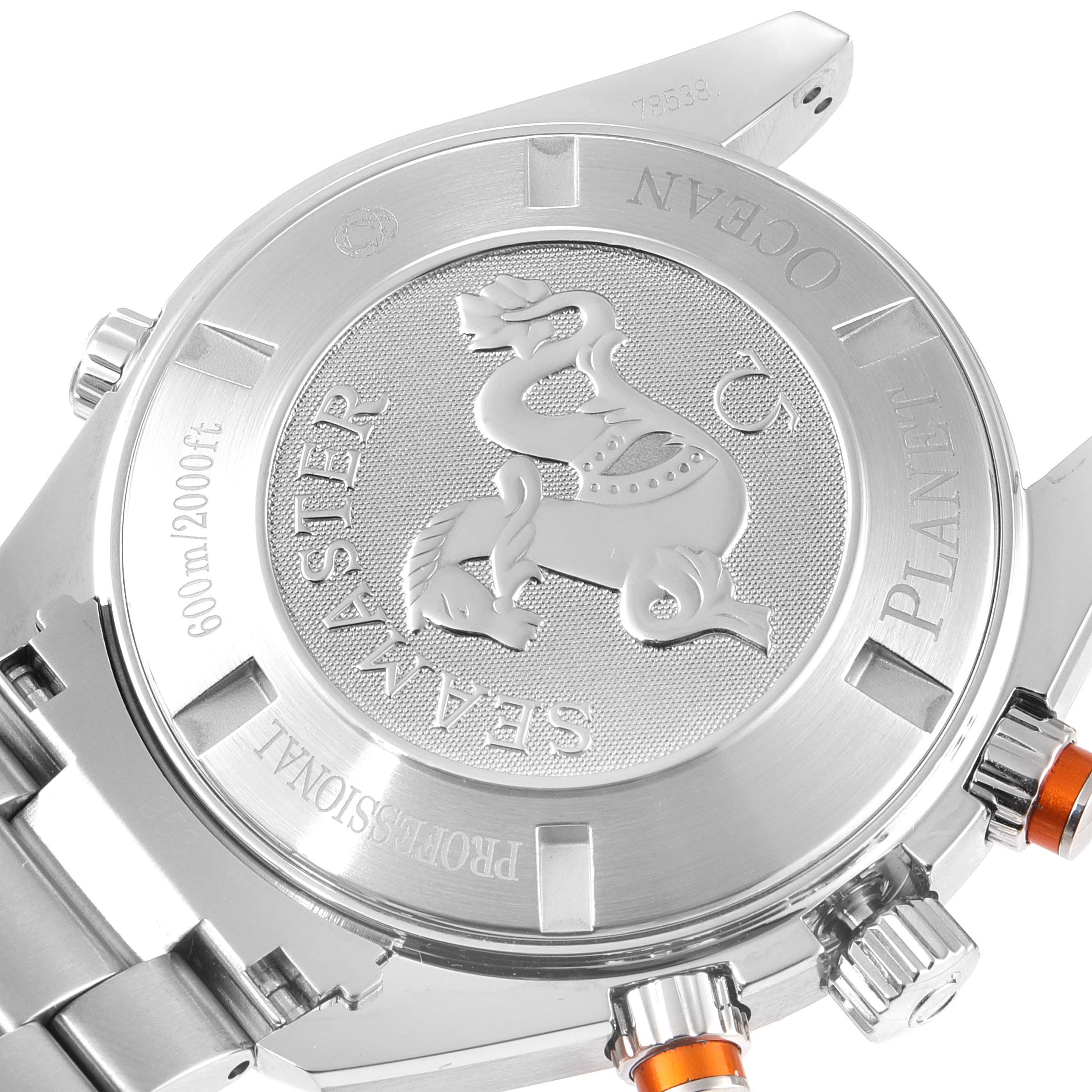 This image shows the back case and crown of an Omega Planet Ocean 2218.50.00 Men's Stainless Steel Black Dial 2218.50.00 Men's Stainless Steel Black Dial watch, displaying the Seamaster logo and water resistance detail.