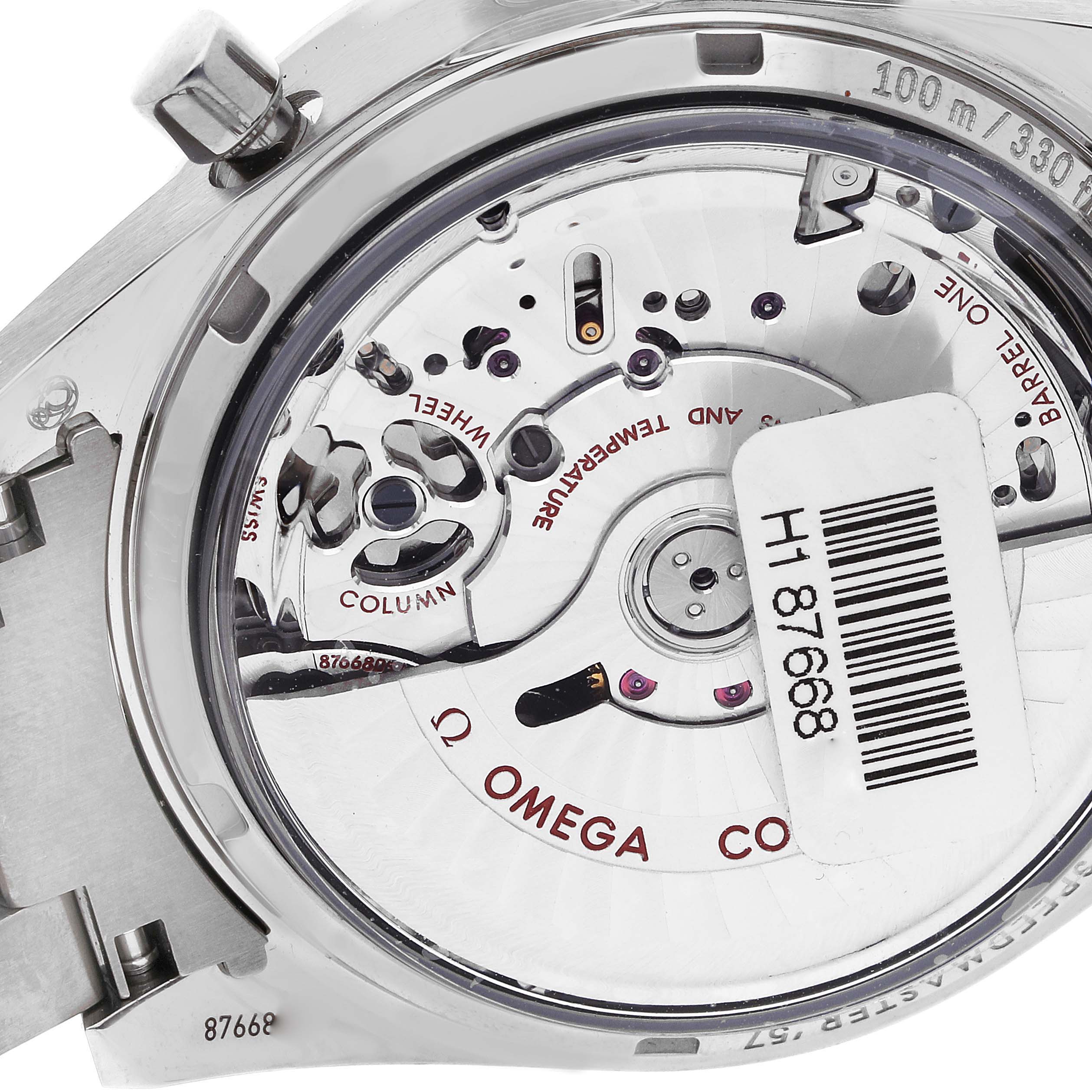 The image shows the case back of the Omega Speedmaster 331.90.42.51.04.001 Men's Titanium White Dial 331.90.42.51.04.001 Men's Titanium White Dial watch, highlighting its internal mechanical movement.